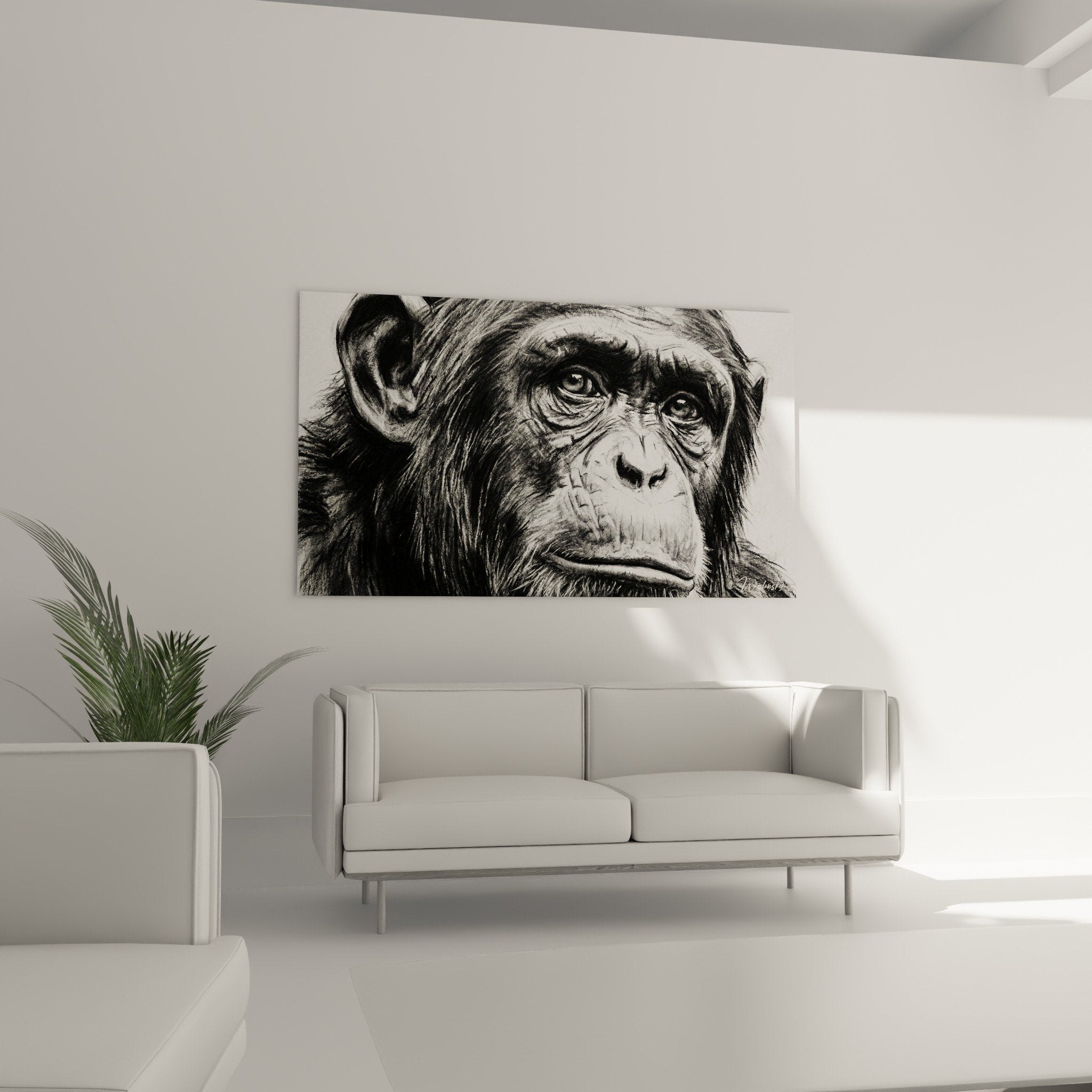 detail yeux chimpanze dessin noir blanc expression profonde art animalier
