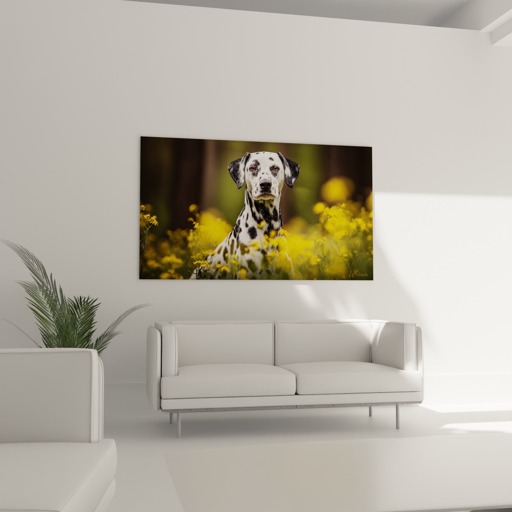 Primo piano degli occhi ambrati e delle caratteristiche macchie del Dalmata circondato da fiori dorati sfocati