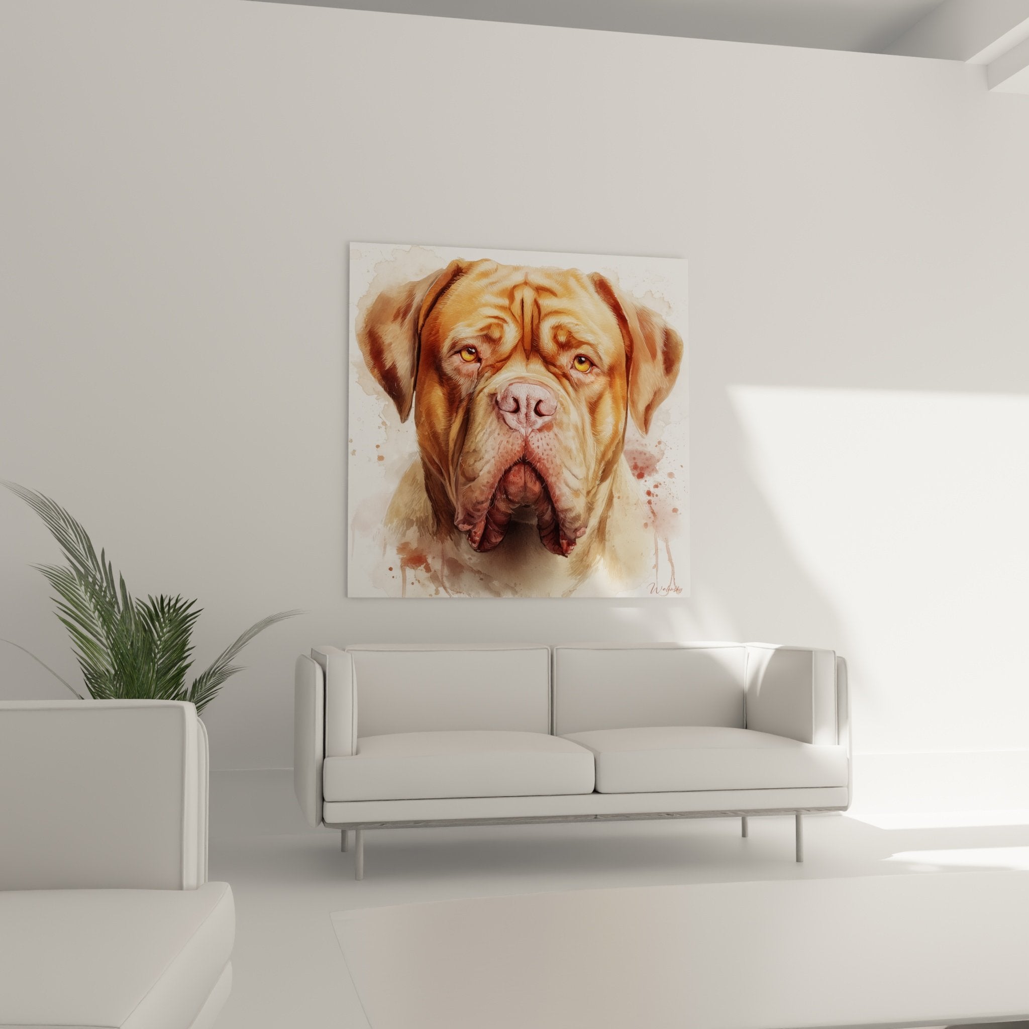 Detail-Porträt Bordeaux-Dogge goldene Augen zartes Gesicht realistische Aquarell-Technik Fauves Ocker