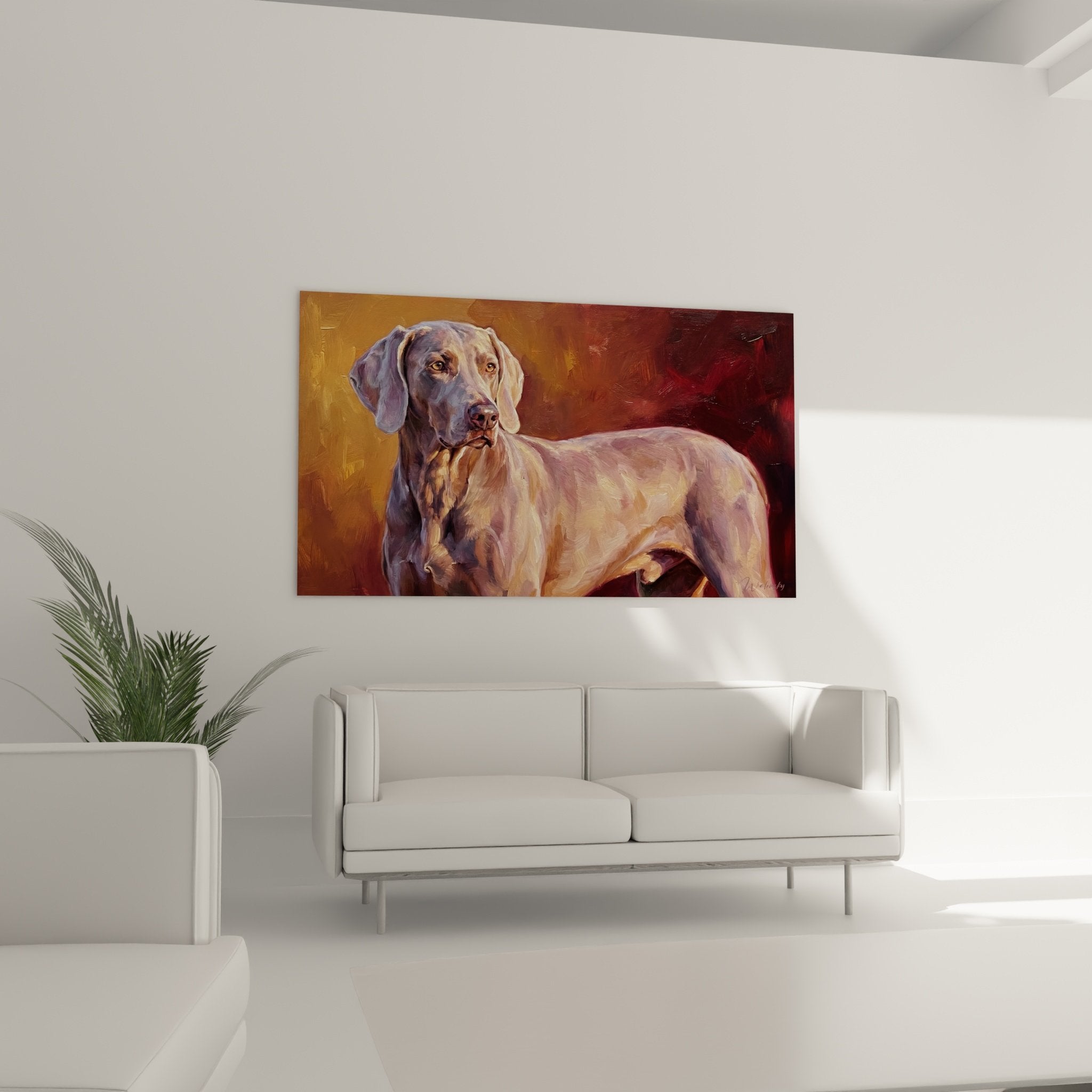 Détail du regard mélancolique du Braque de Weimar, yeux dorés et pelage gris argenté, technique picturale visible