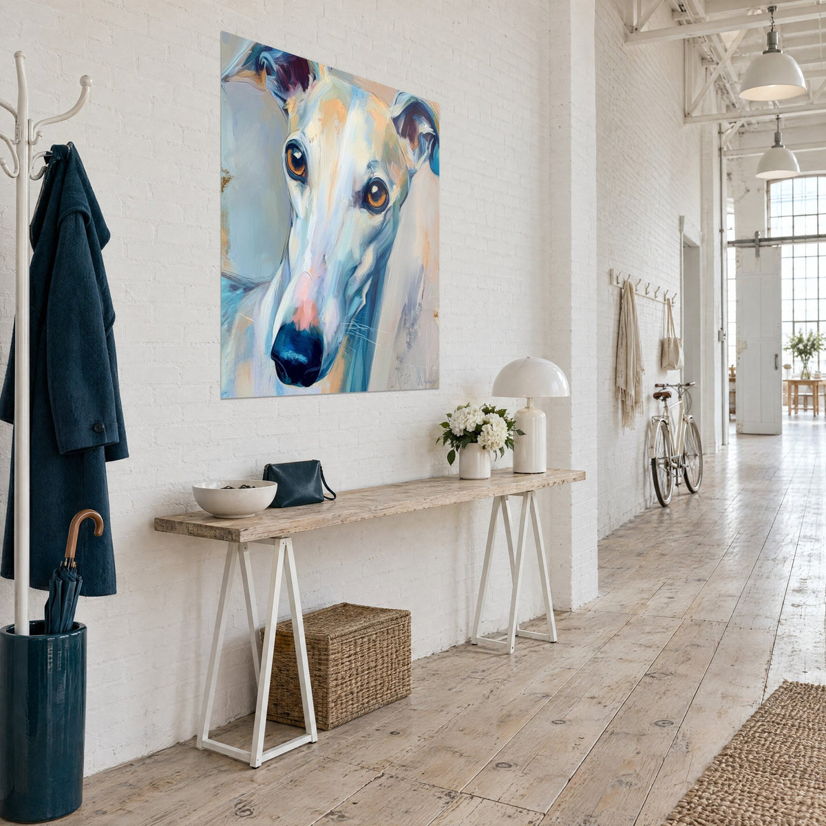 Wall art slender white dog with an intense golden gaze, burgundy ears and pastel blue background, three-quarter view in a loft hallway