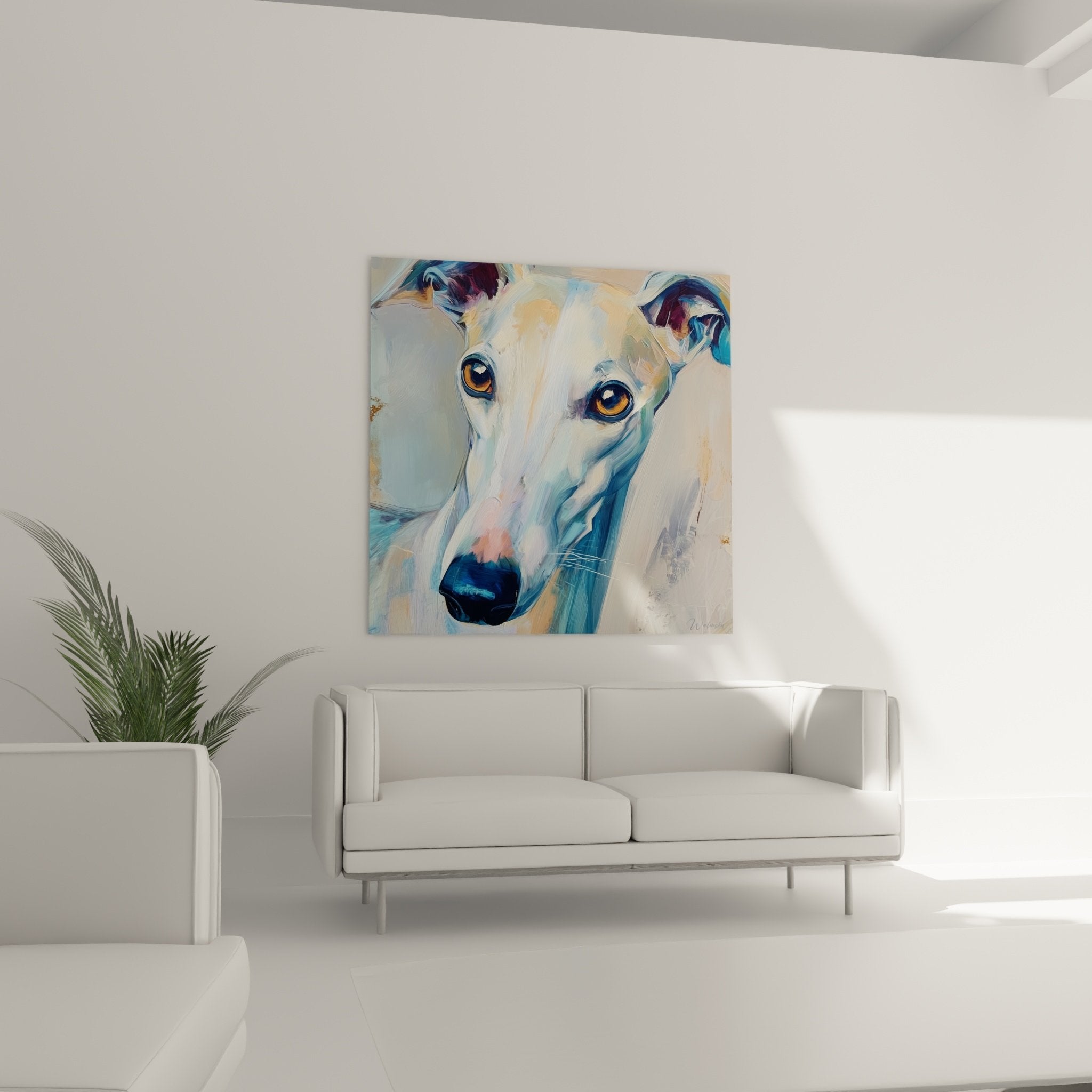 Detail yeux dores expressifs levrier whippet peinture artistique coups pinceau bleus violets