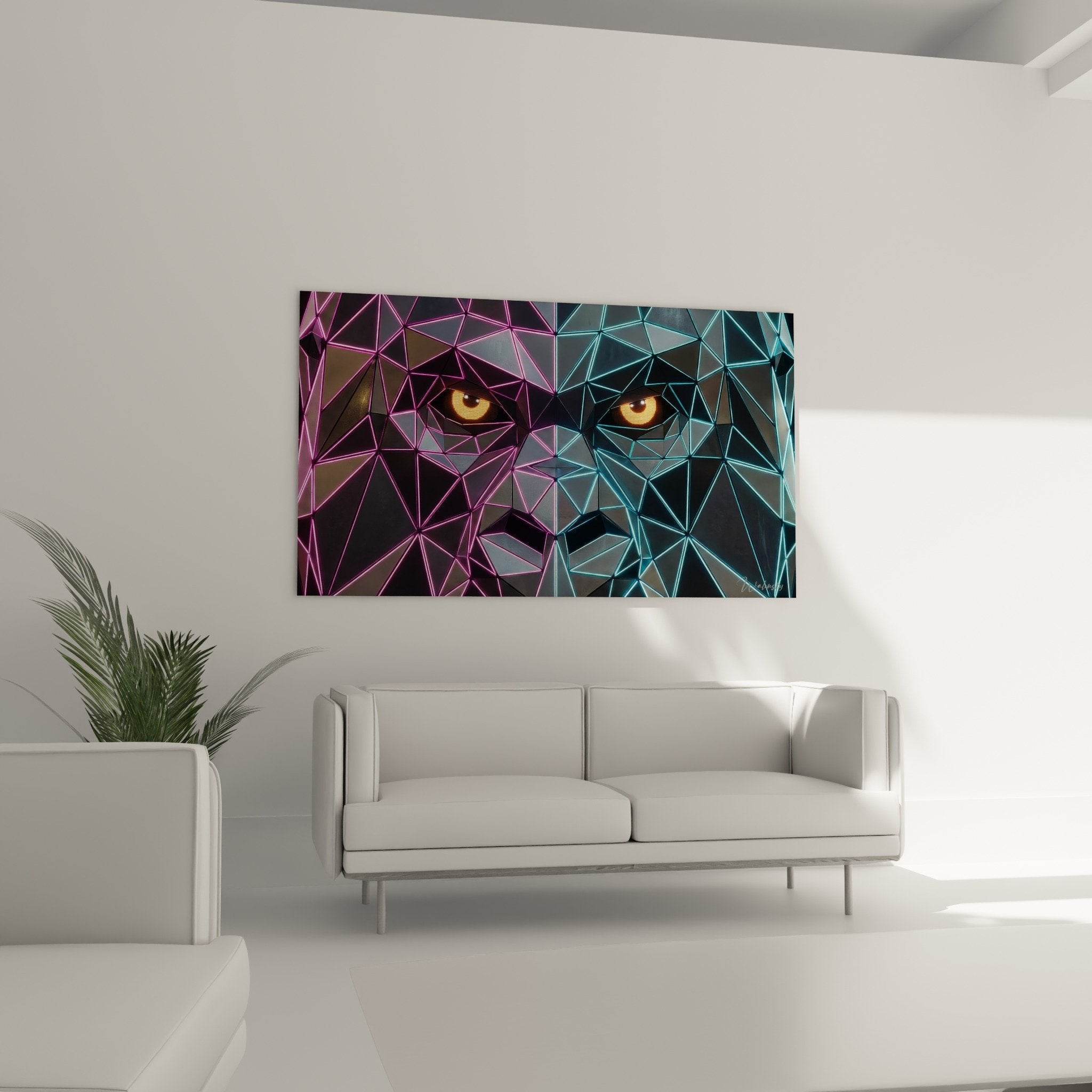 Detail gros plan yeux dores portrait geometrique triangles lumineux rose magenta turquoise electrique