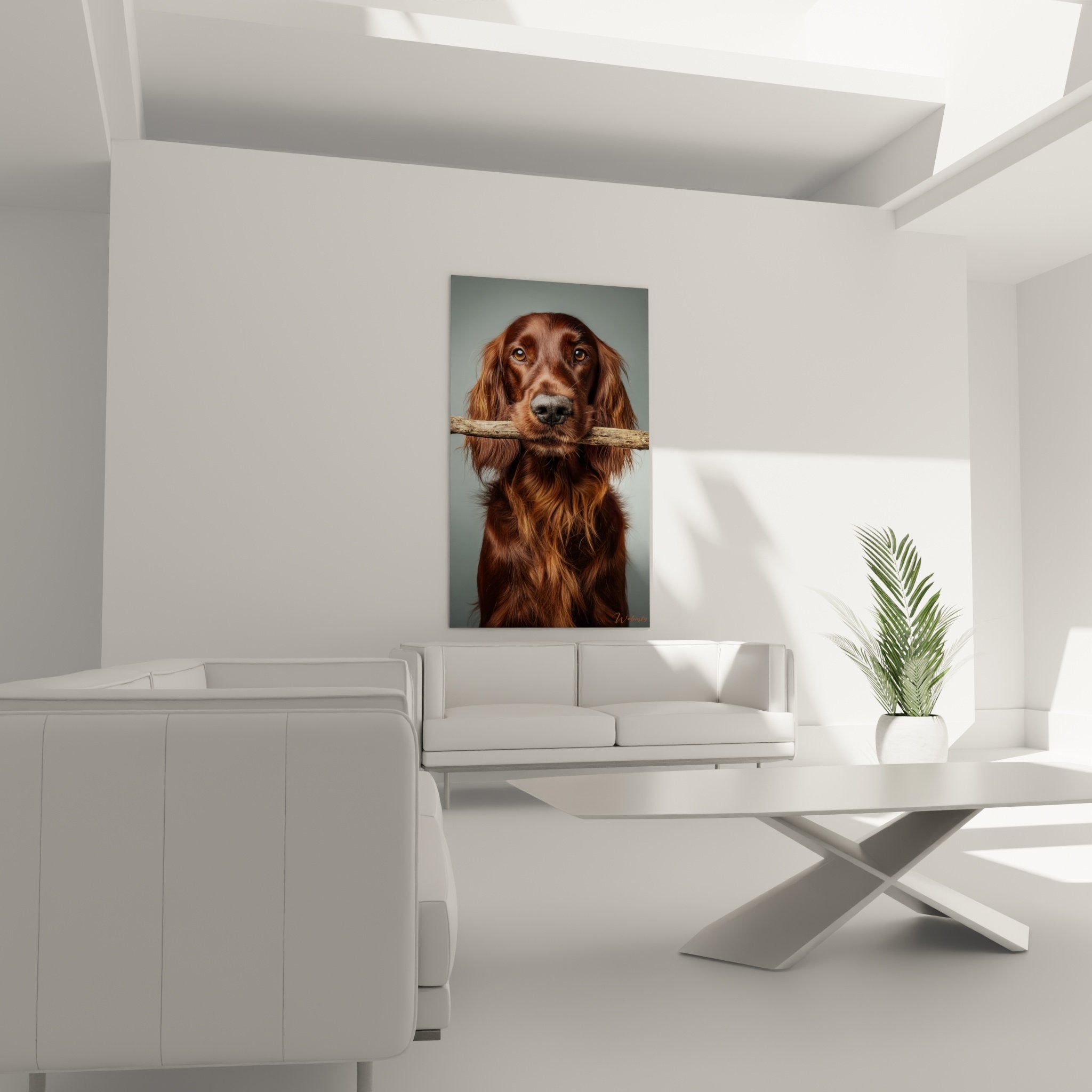 Gros plan sur les yeux dorés expressifs du Setter Irlandais et son pelage roux détaillé