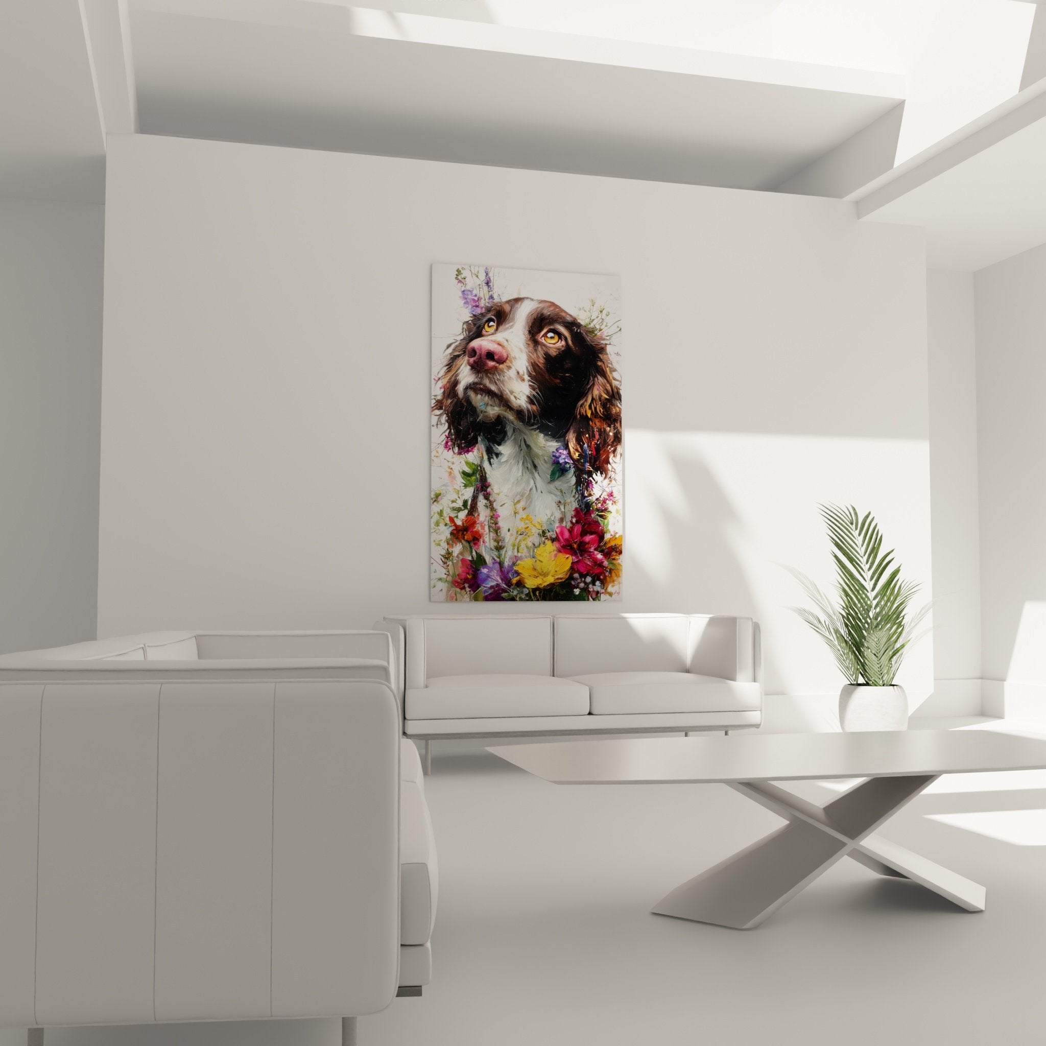 Gros plan sur les yeux ambrés du Springer Anglais et les détails des fleurs colorées du tableau