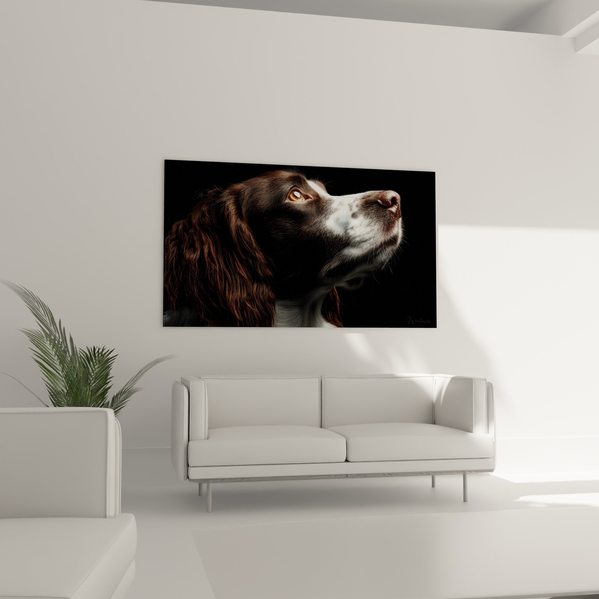 Gros plan yeux dores Springer Anglais pelage brun blanc detail portrait realiste decoration