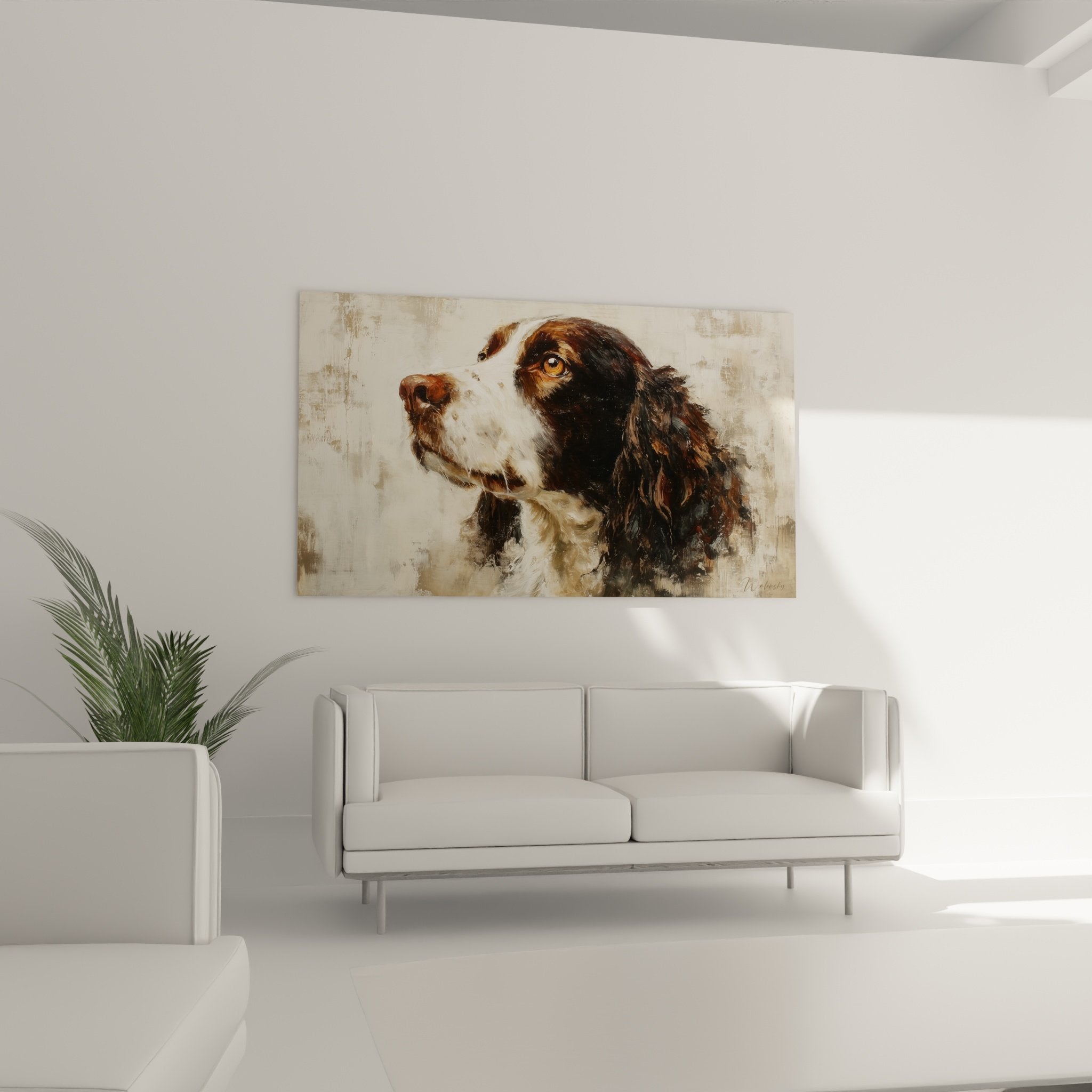 Détail yeux dorés Springer Anglais texture pelage brun cuivré peinture réaliste portrait canin