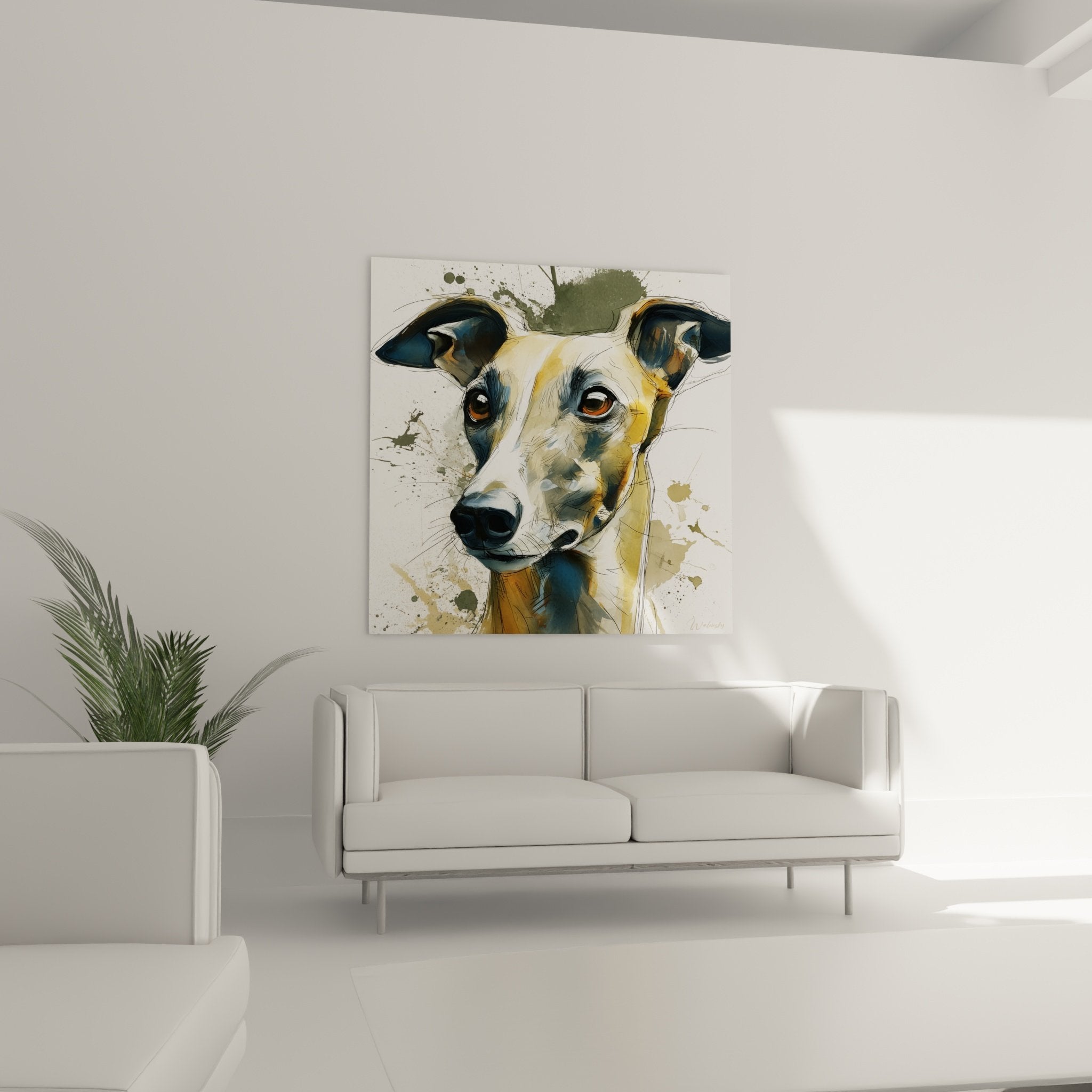 Détail des yeux ambrés expressifs du lévrier whippet et technique aquarelle avec projections artistiques