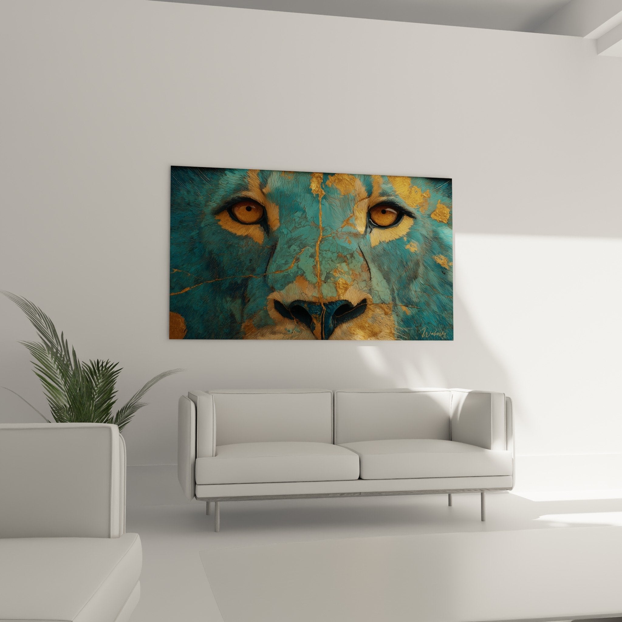 Primo piano occhi dorati leone quadro turchese, dettagli crepe e texture artistica