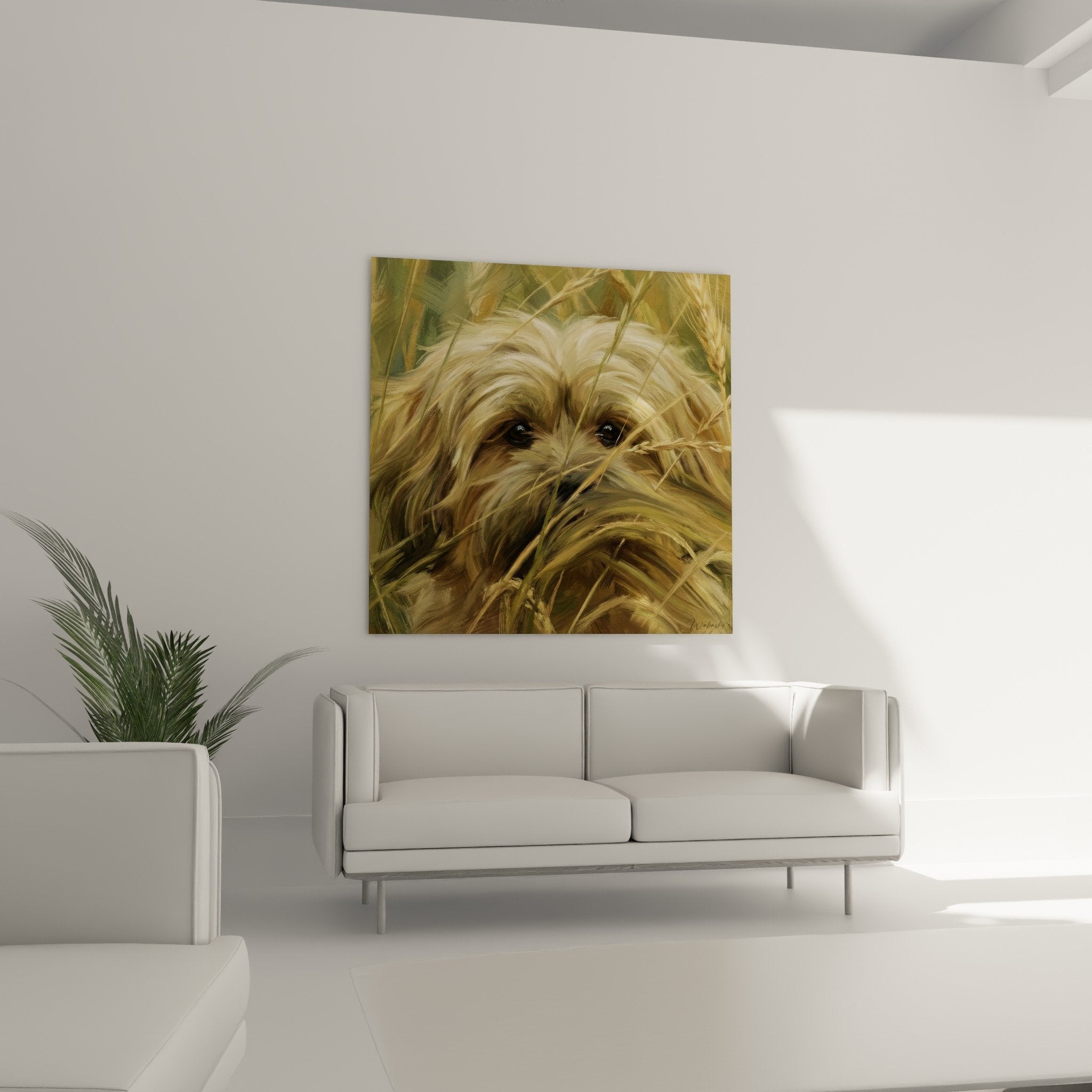 Gros plan yeux noirs Lhassa Apso, détail pelage soyeux tons champagne, technique pinceau fluide