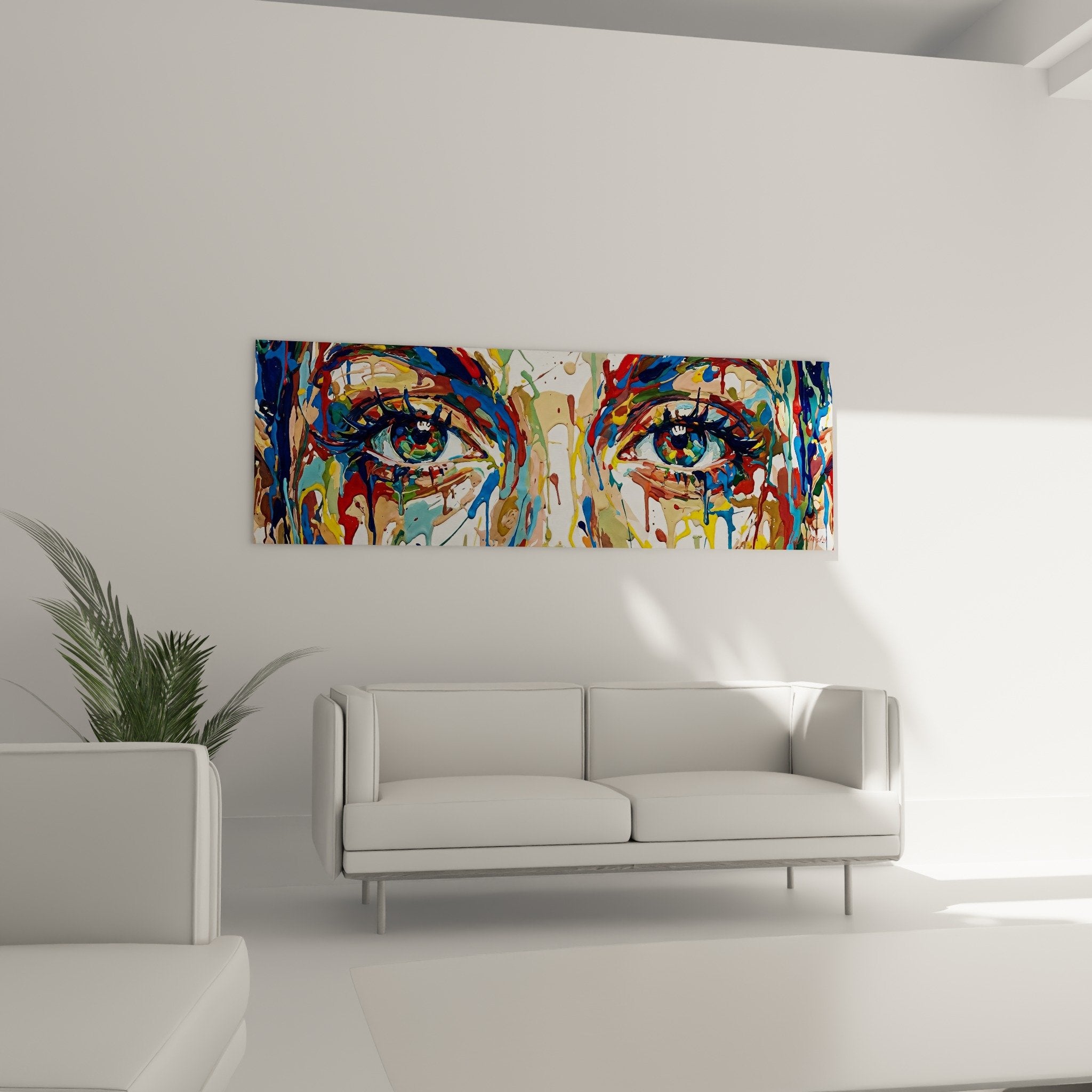 Detail gros plan yeux expressifs peinture coulures multicolores technique dripping street art couleurs vives