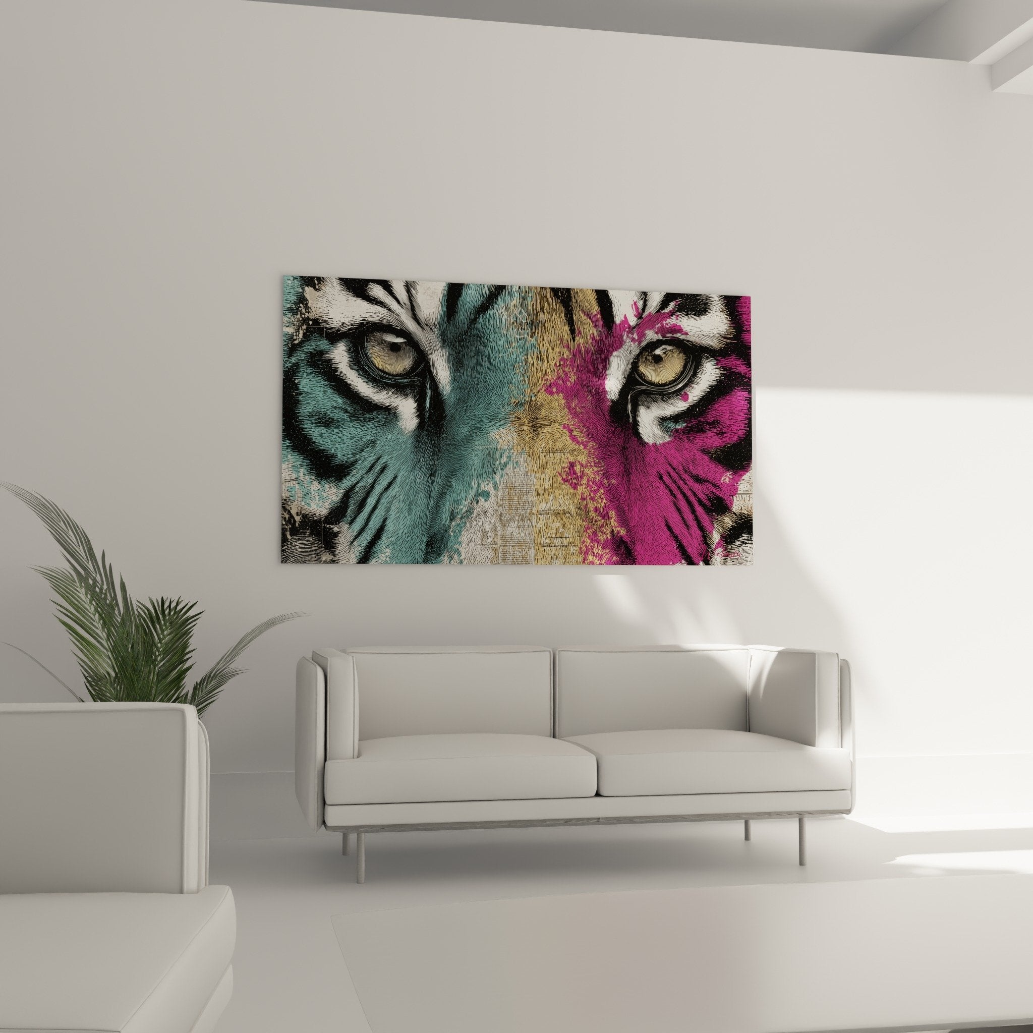 Detailaufnahme vergoldete Augen Tiger farbige Gravur feine Linien präzise Technik künstlerisch chromatische Nuancen
