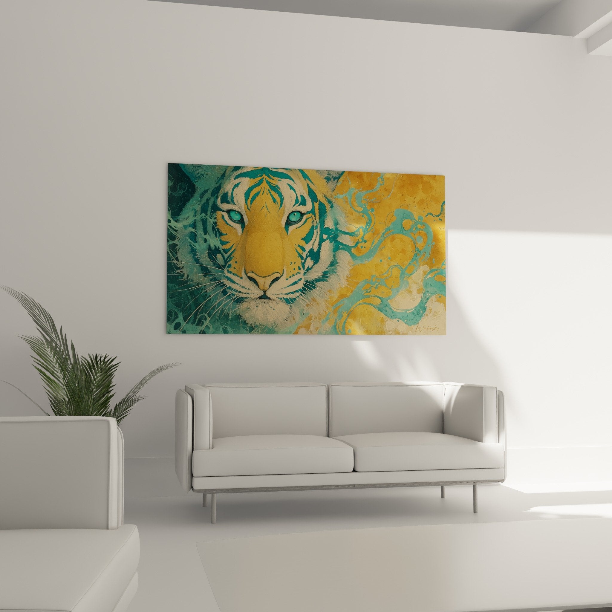 Détail gros plan yeux turquoise tigre effet peinture dorée texture artistique œuvre murale contemporaine