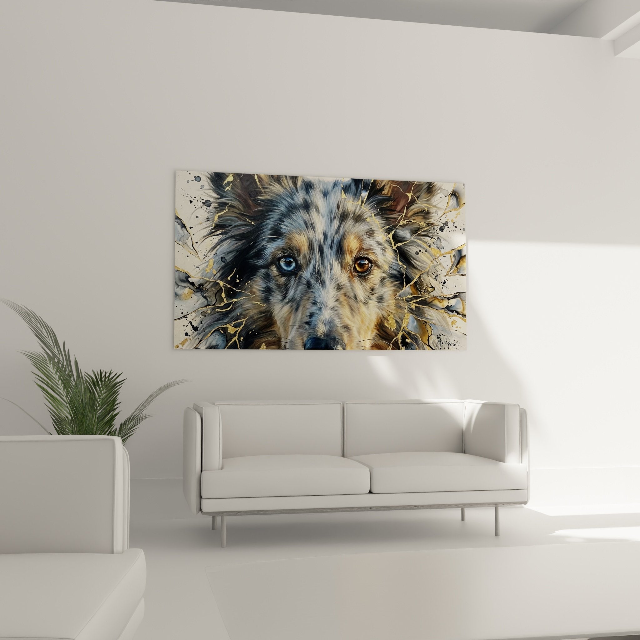 Detail heterochrome Augen Shetland-Schäferhund blau bernsteinfarben graubraunes Fell künstlerische Fragmente