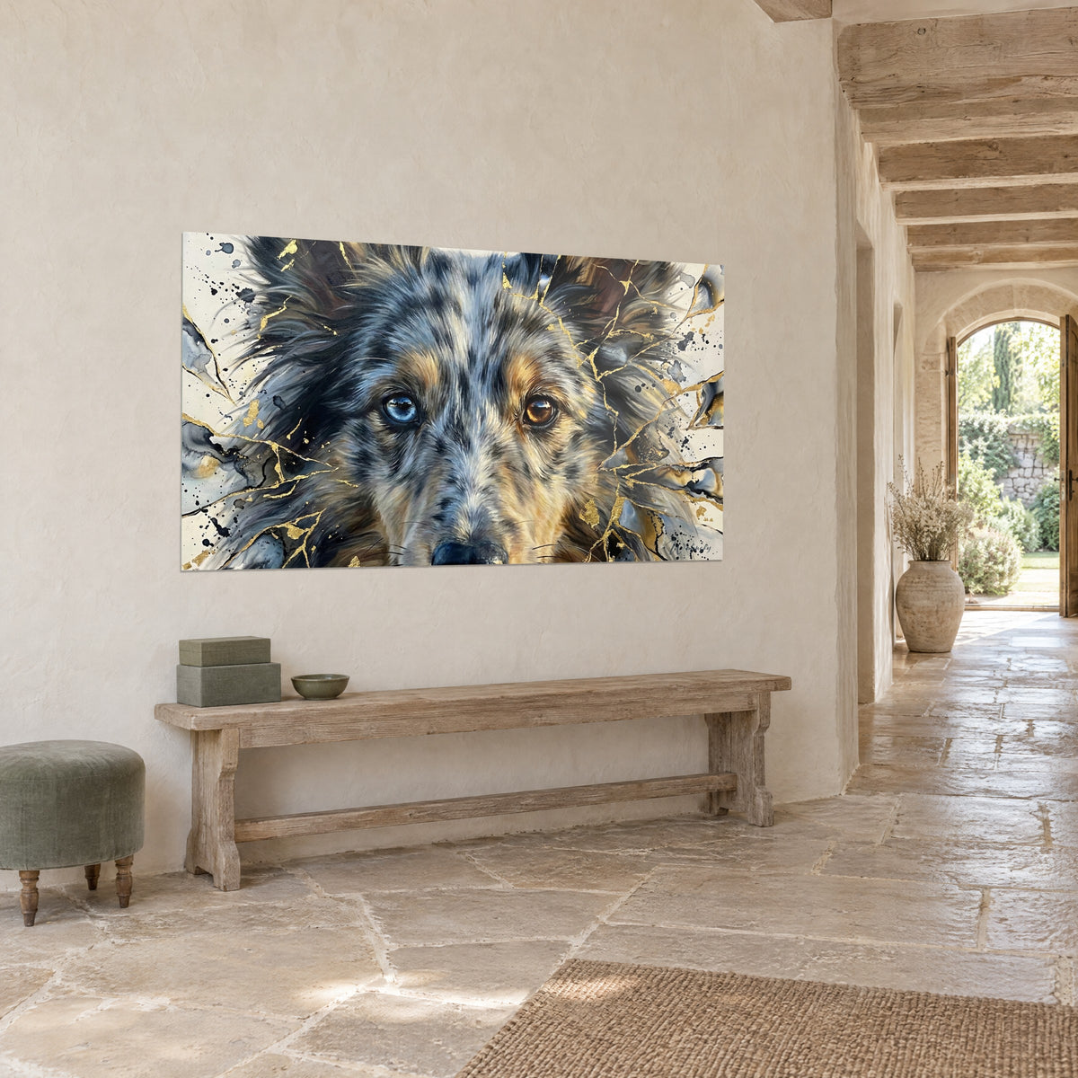 Wall art dog with glass eyes, one glacier blue and one amber, grey speckled muzzle, golden cracks, three-quarter view in a stone hallway