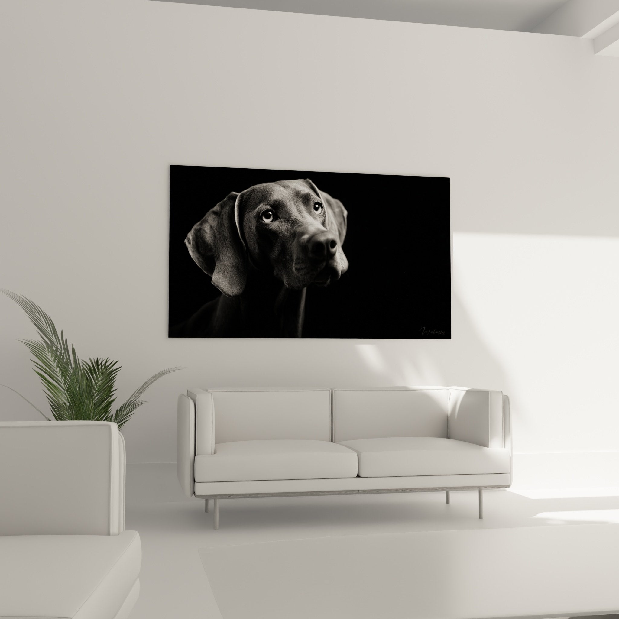 Gros plan sur les yeux clairs perçants et l'expression touchante du Weimaraner en noir et blanc