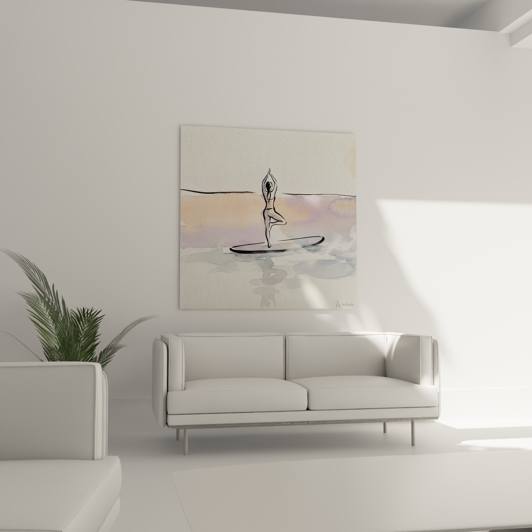 Detail aquarelle yoga paddle silhouette meditation posture equilibre nuances roses violettes