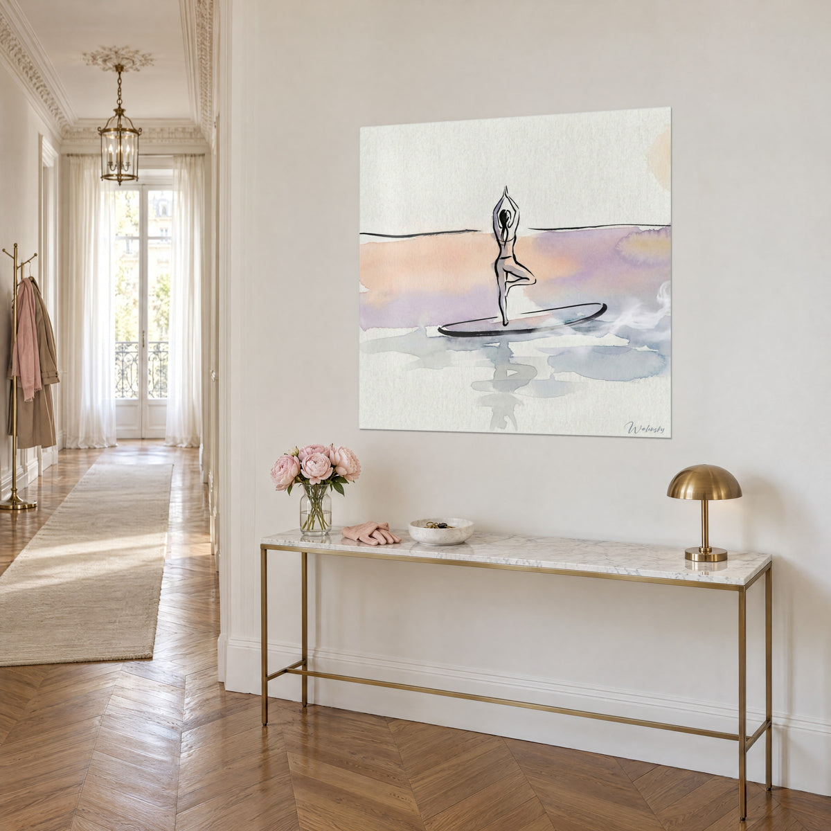 Wall art black ink silhouette, arms raised on a paddle, pink and purple wash, gilded console and peonies, three-quarter view