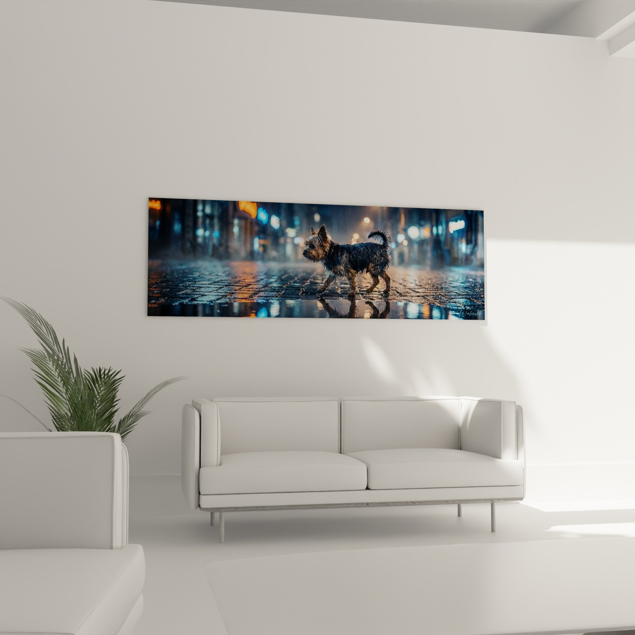 Détail du Yorkshire Terrier sur pavés humides avec reflets dorés et bleus de l'éclairage nocturne