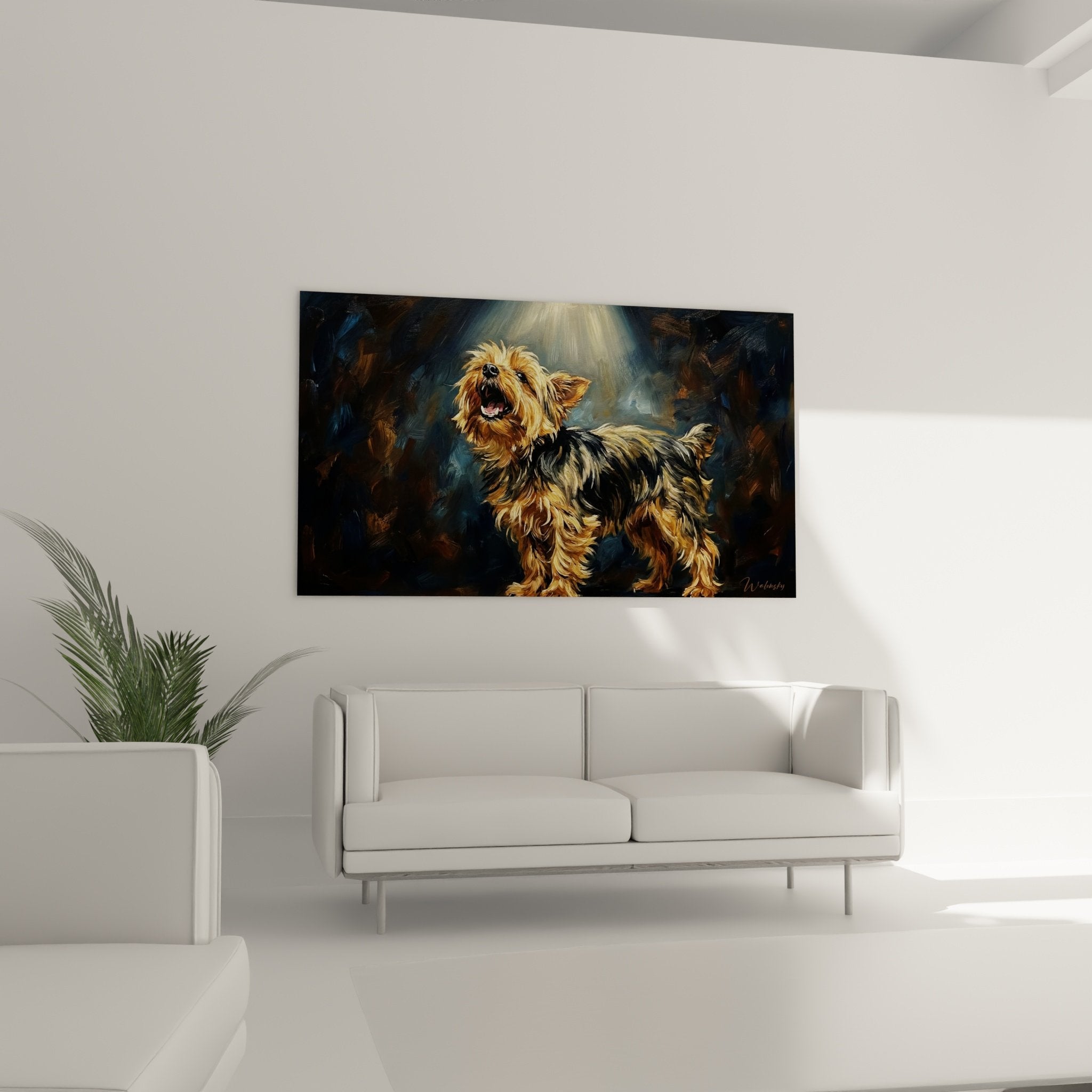 Détail tableau Yorkshire Terrier montrant reflets dorés cuivrés sur pelage et technique picturale gestuelle