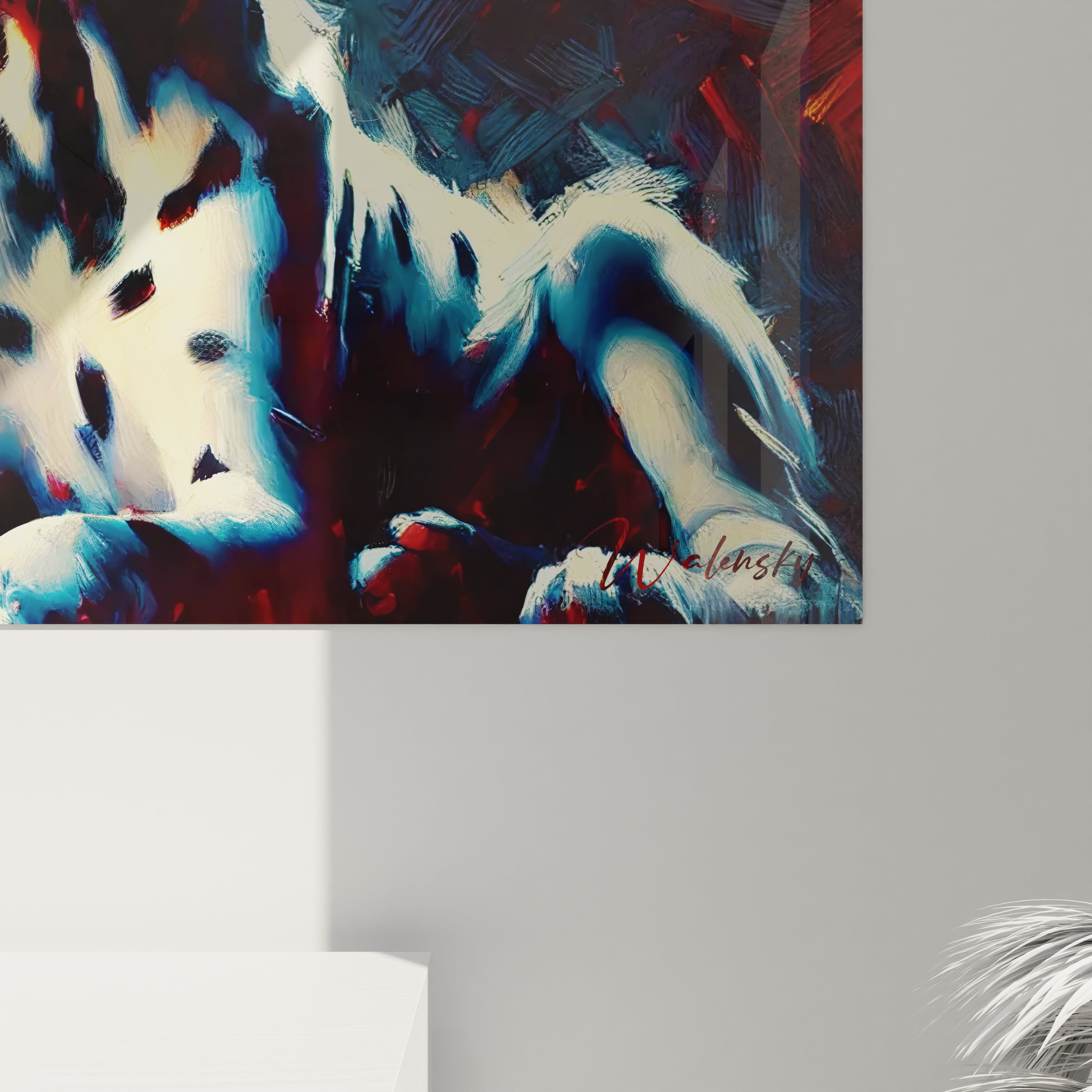 Vue rapprochée de ce tableau chien montrant les détails saisissants des chiots dalmatiens. Les coups de pinceau et les contrastes de couleurs créent une œuvre pleine de dynamisme.

