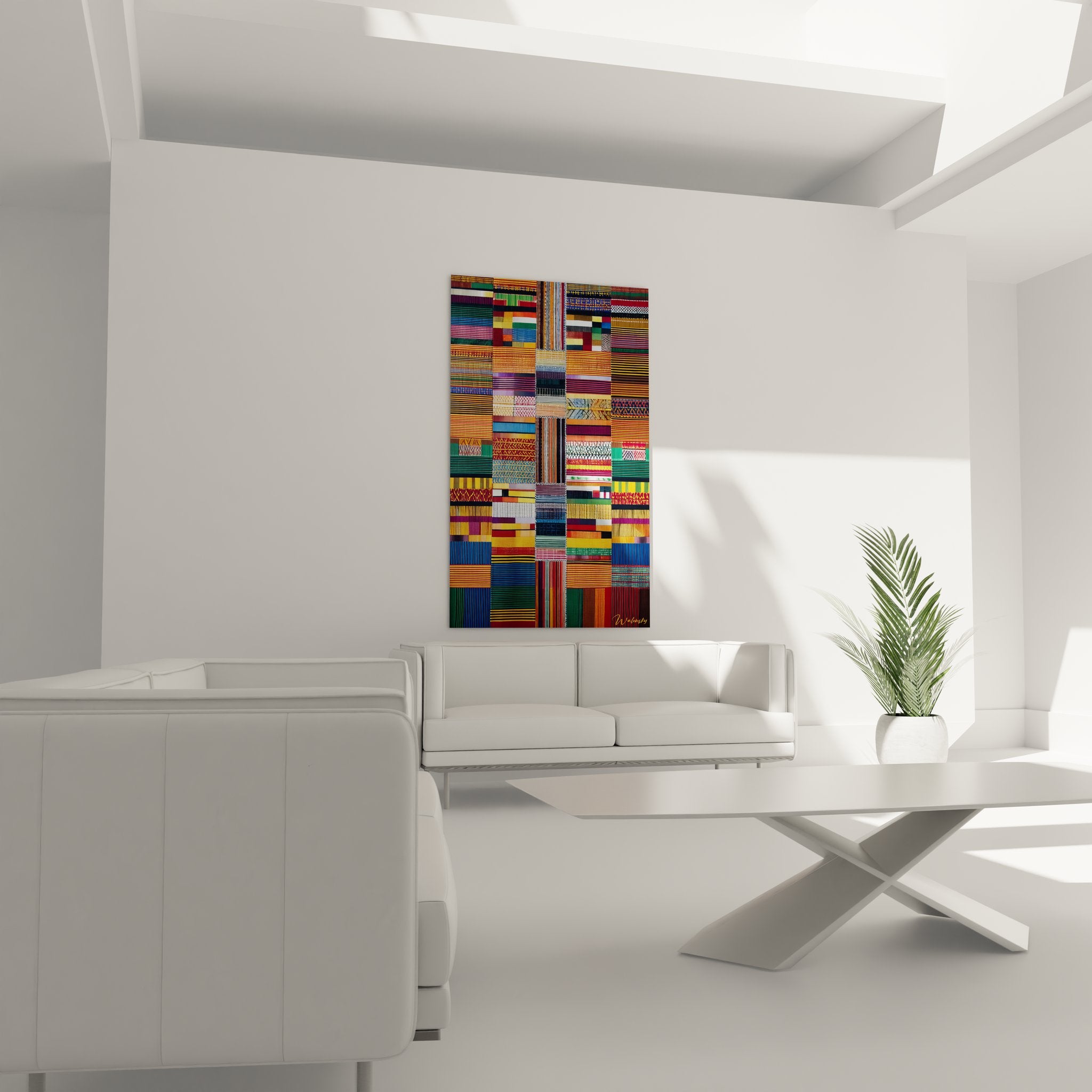 Gros plan sur les détails des motifs géométriques du patchwork de tissus africains