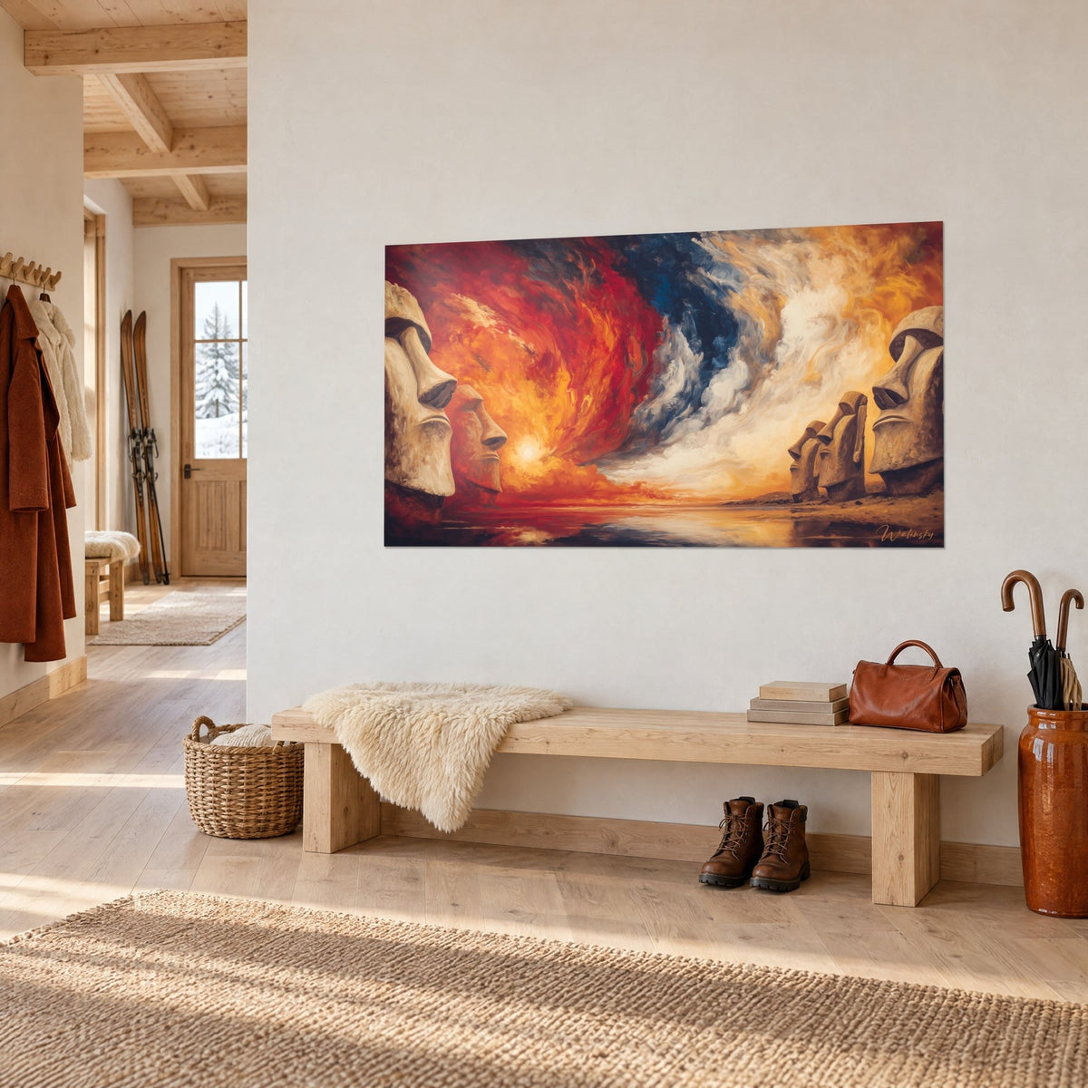 Wall art of Easter Island statues in a swirl of scarlet and midnight blue, hung in an entrance with light wood