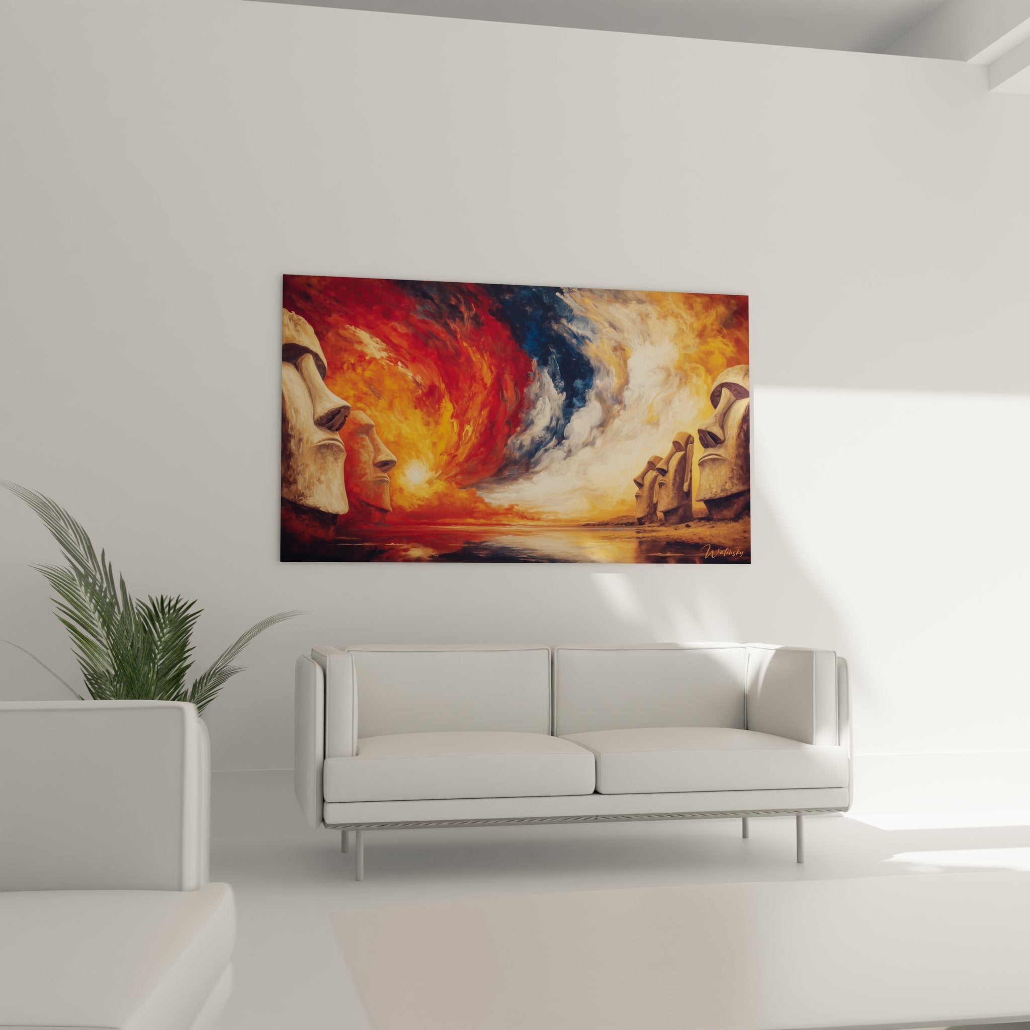 Gros plan détails tableau statues Moaï île de Pâques art mural océanien qualité