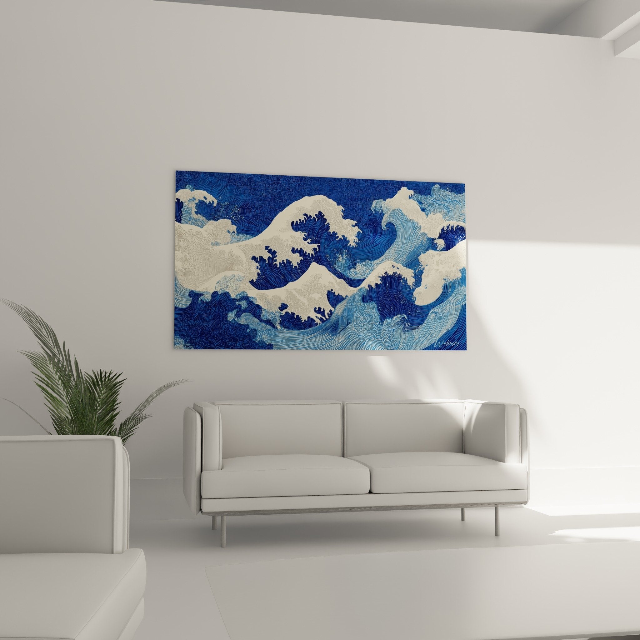 Close-up details Japanese waves blue spirals white foam texture traditional Japanese art feng shui