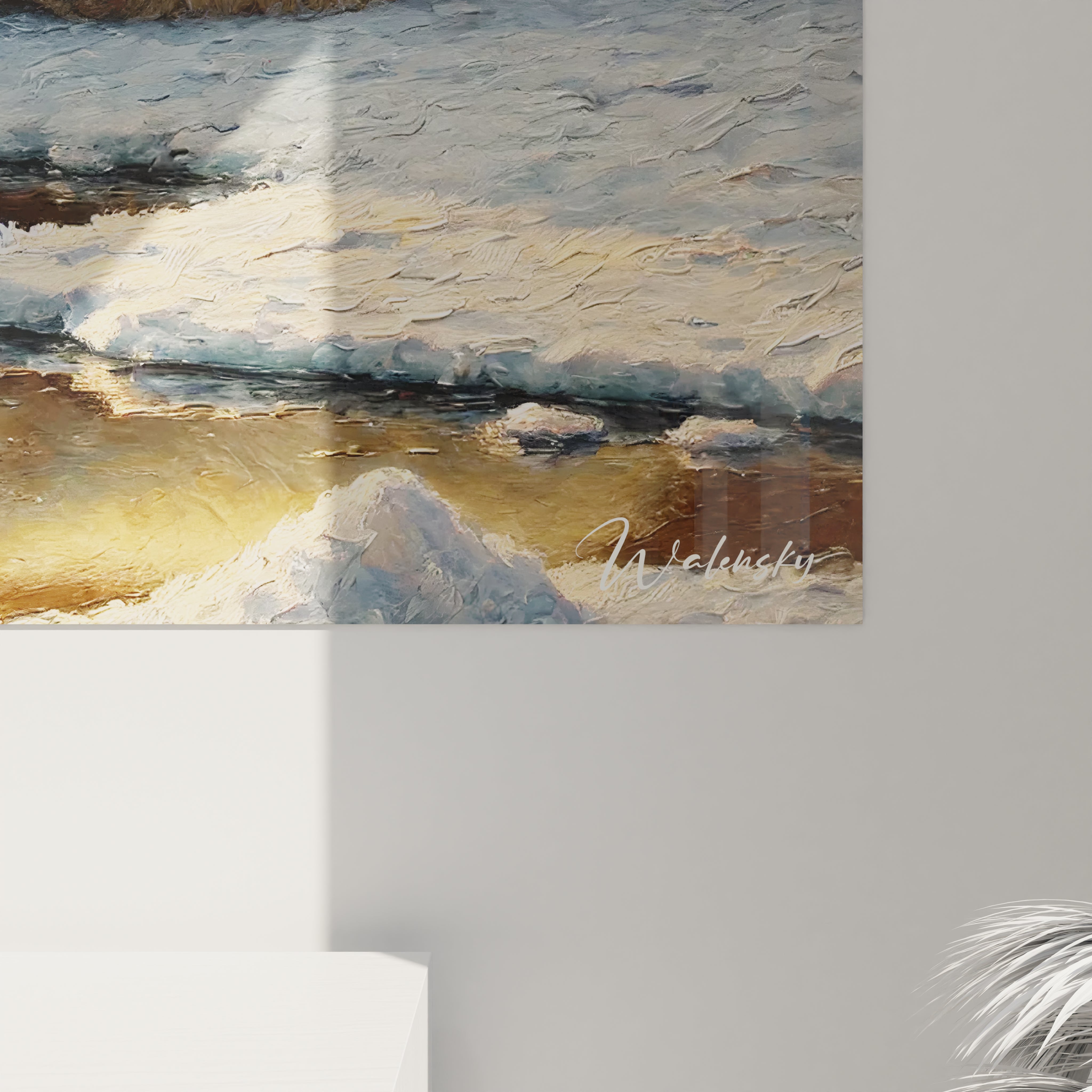 Les détails précis de ce tableau ours polaire révèlent la texture douce du pelage et les reflets lumineux sur la glace. Une œuvre captivante qui évoque à la fois la majesté et la tranquillité polaire.

