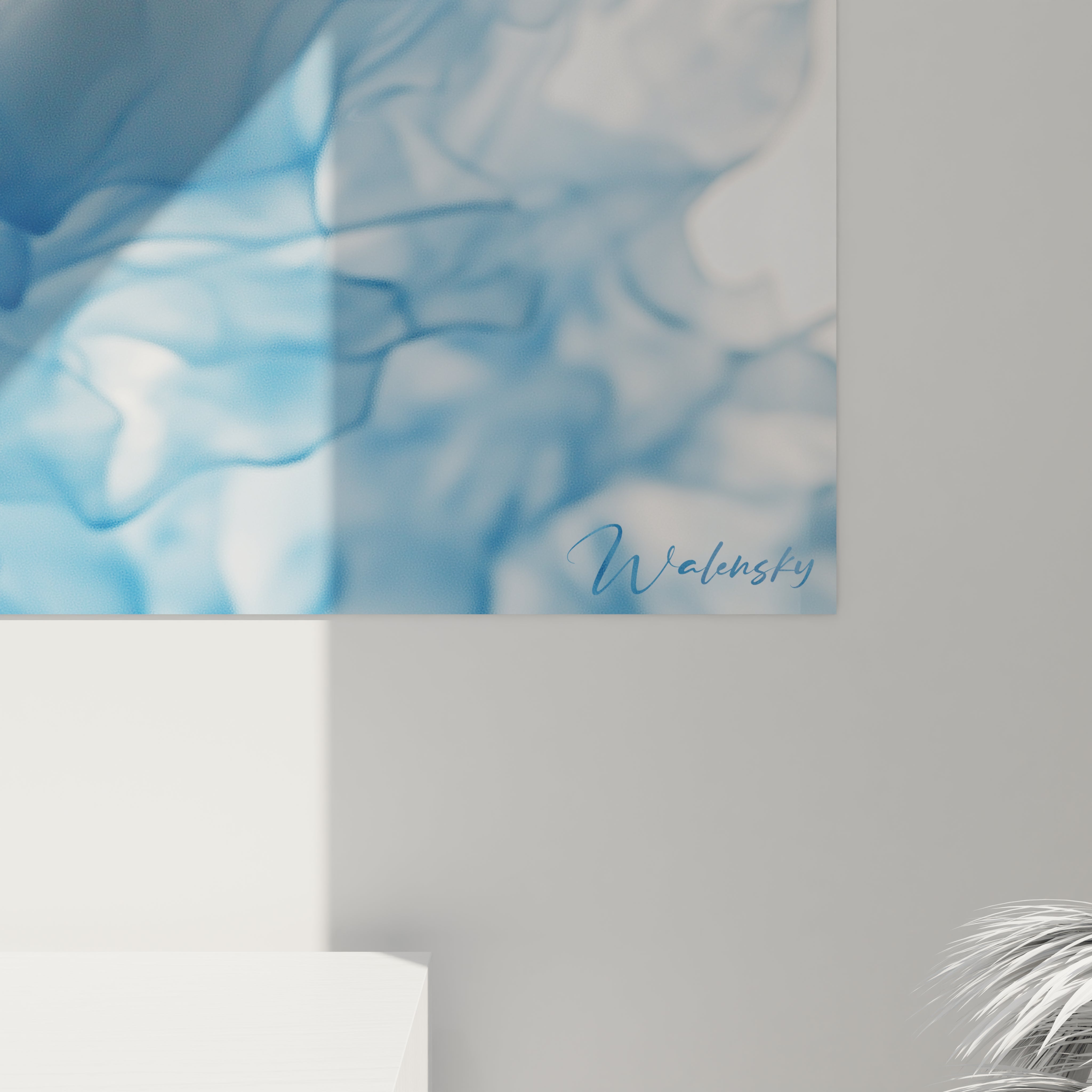 Tableau chat Walensky avec des nuances de bleu et un design abstrait, parfait pour la décoration intérieure