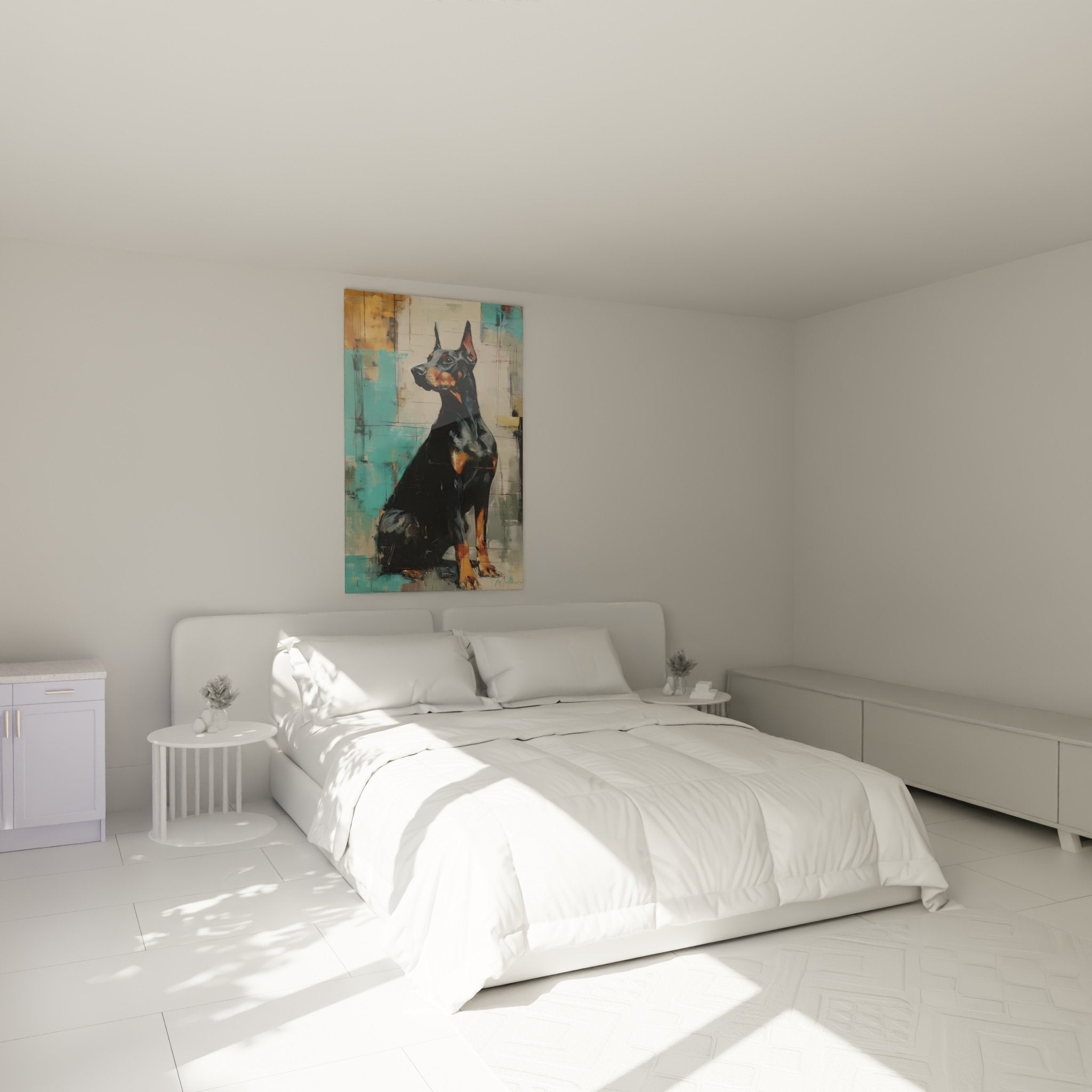 Tableau Doberman contemporain dans chambre moderne aux tons neutres et turquoise