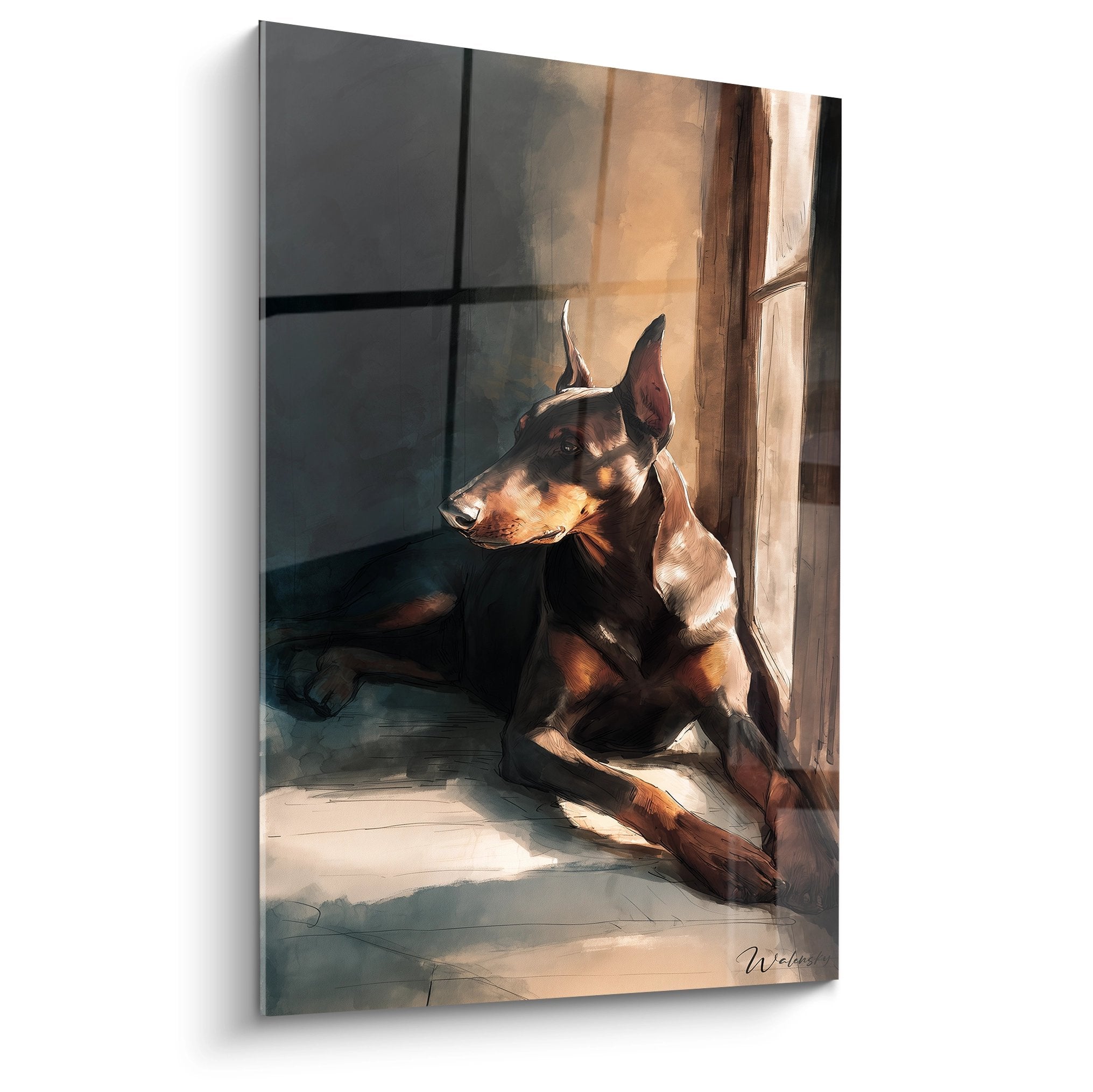 Tableau doberman noir et feu assis pres fenêtre lumière dorée peinture realiste