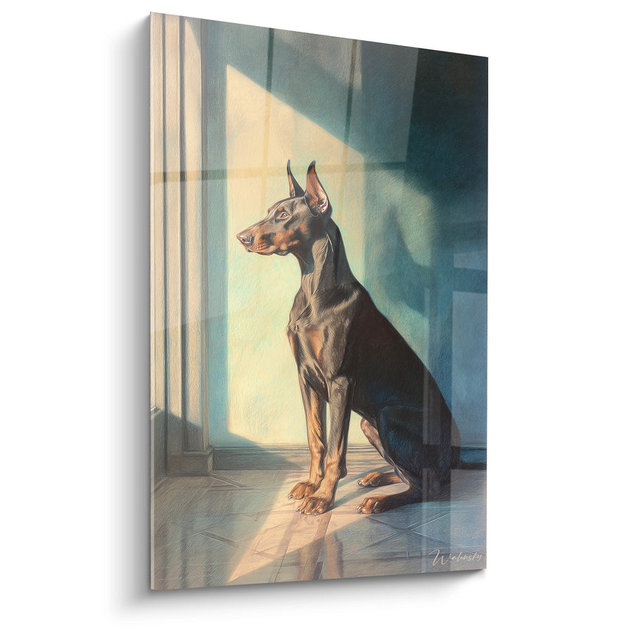 Tableau Doberman Noir et Feu Assis dans la Lumière - Portrait Noble - Edition Doberman