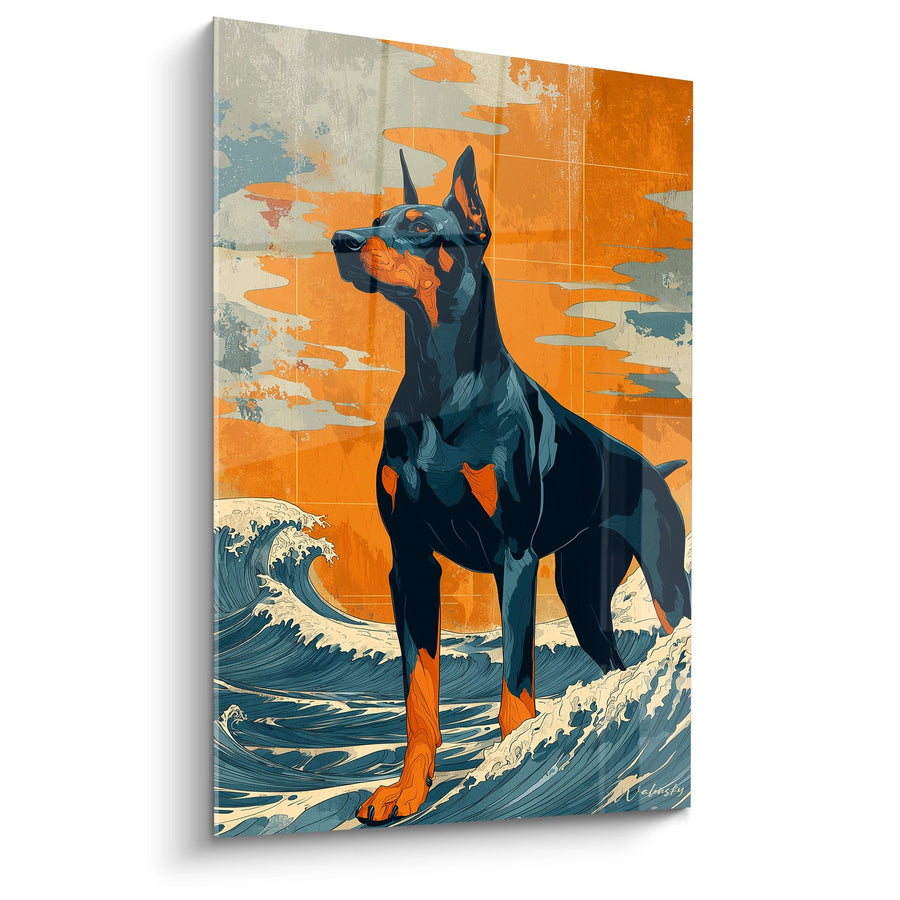Tableau Doberman Noir et Roux sur Fond Orange et Vagues - Majesté Océanique - Edition Doberman