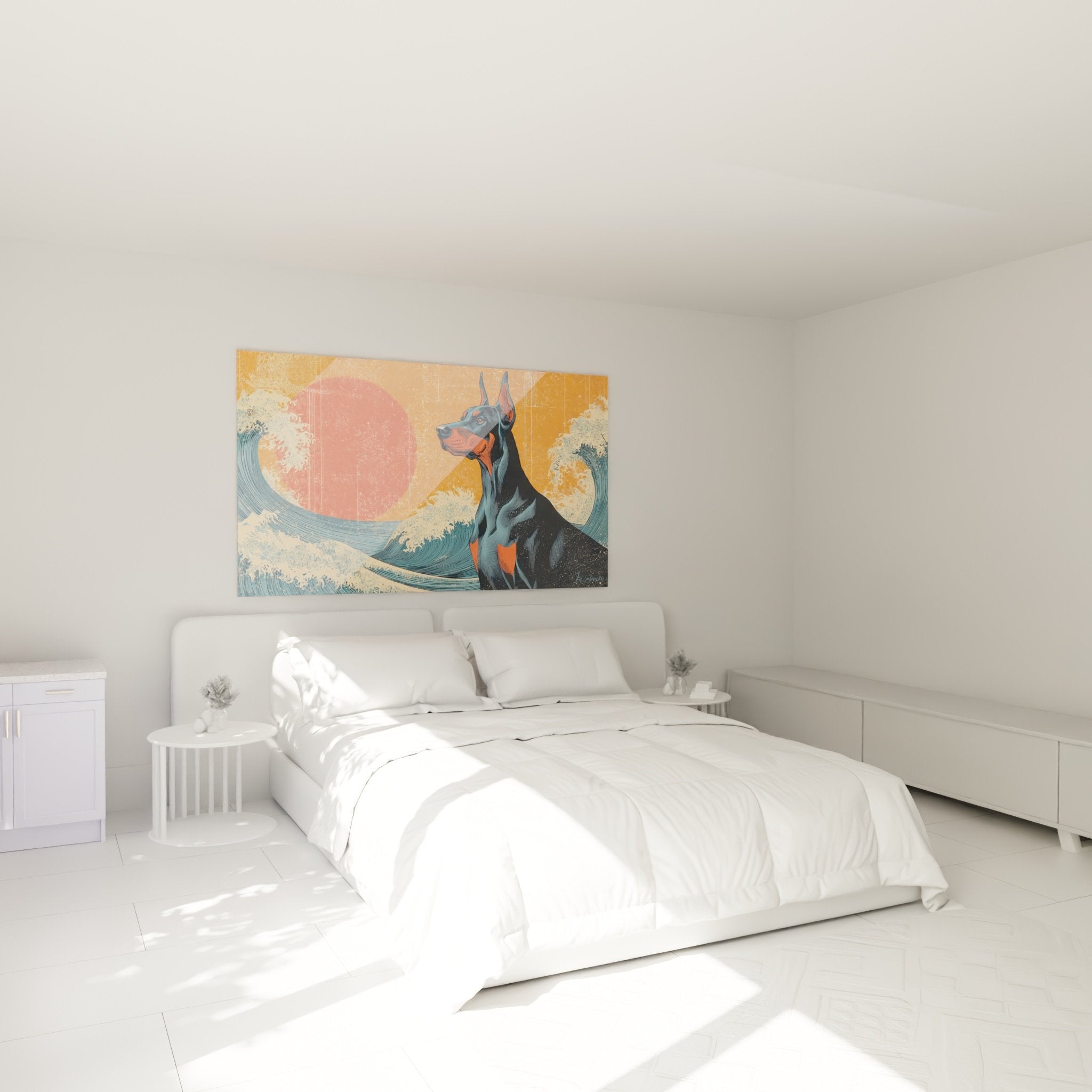 Tableau doberman vagues orange dans chambre moderne mur blanc decoration murale contemporaine