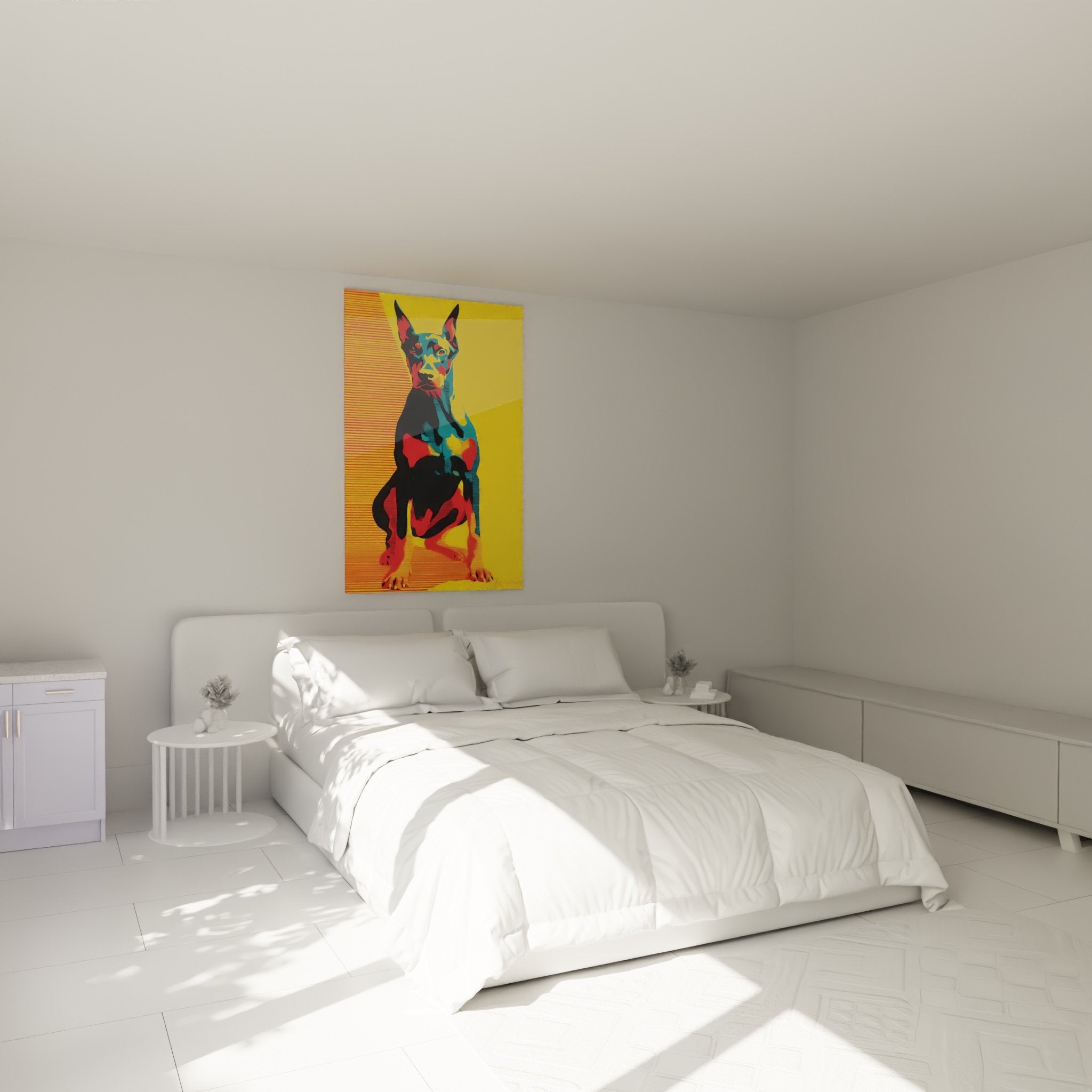 Quadro Doberman pop art colorato appeso alla parete di una camera moderna dai toni neutri