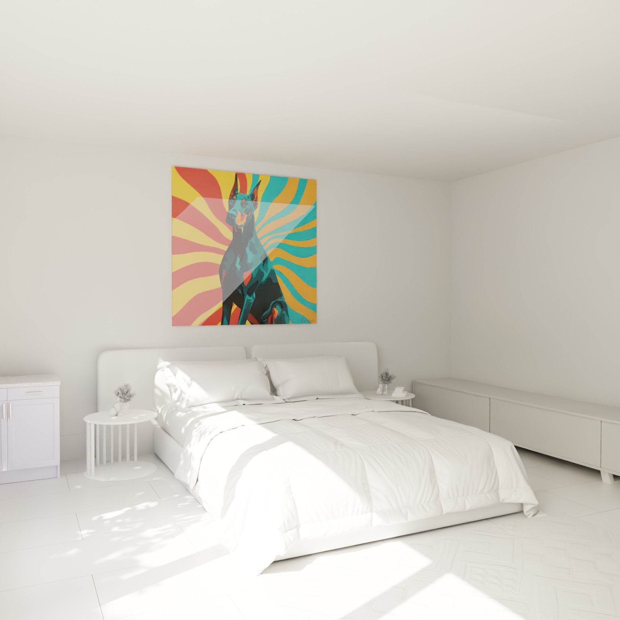 Dobermann Türkis Pop Art farbige Spiralen Wanddekoration modernes zeitgenössisches Schlafzimmer