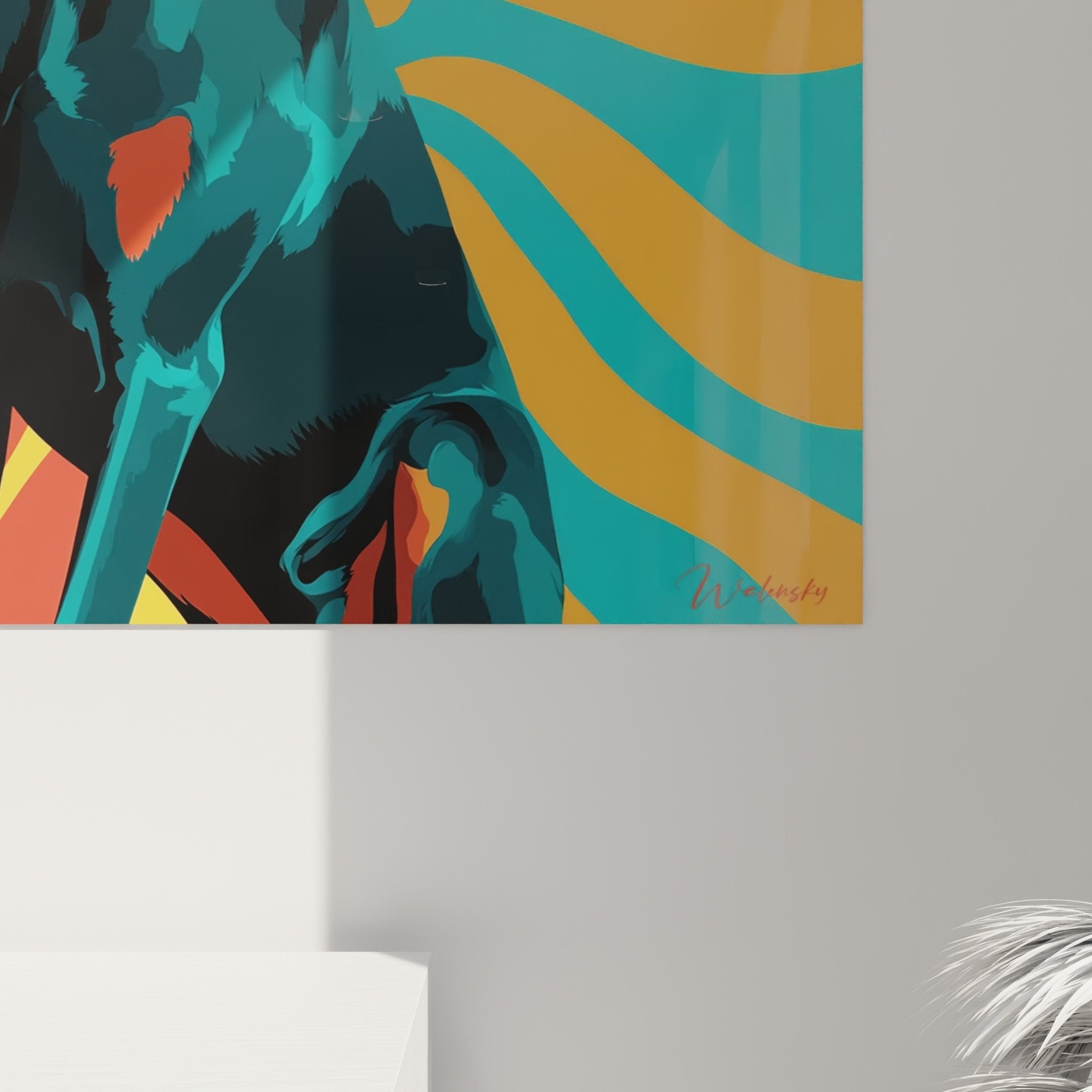 Gesamtansicht Doberman-Gemälde psychedelisch türkis farbige Spiralen zeitgenössische Wandkunst