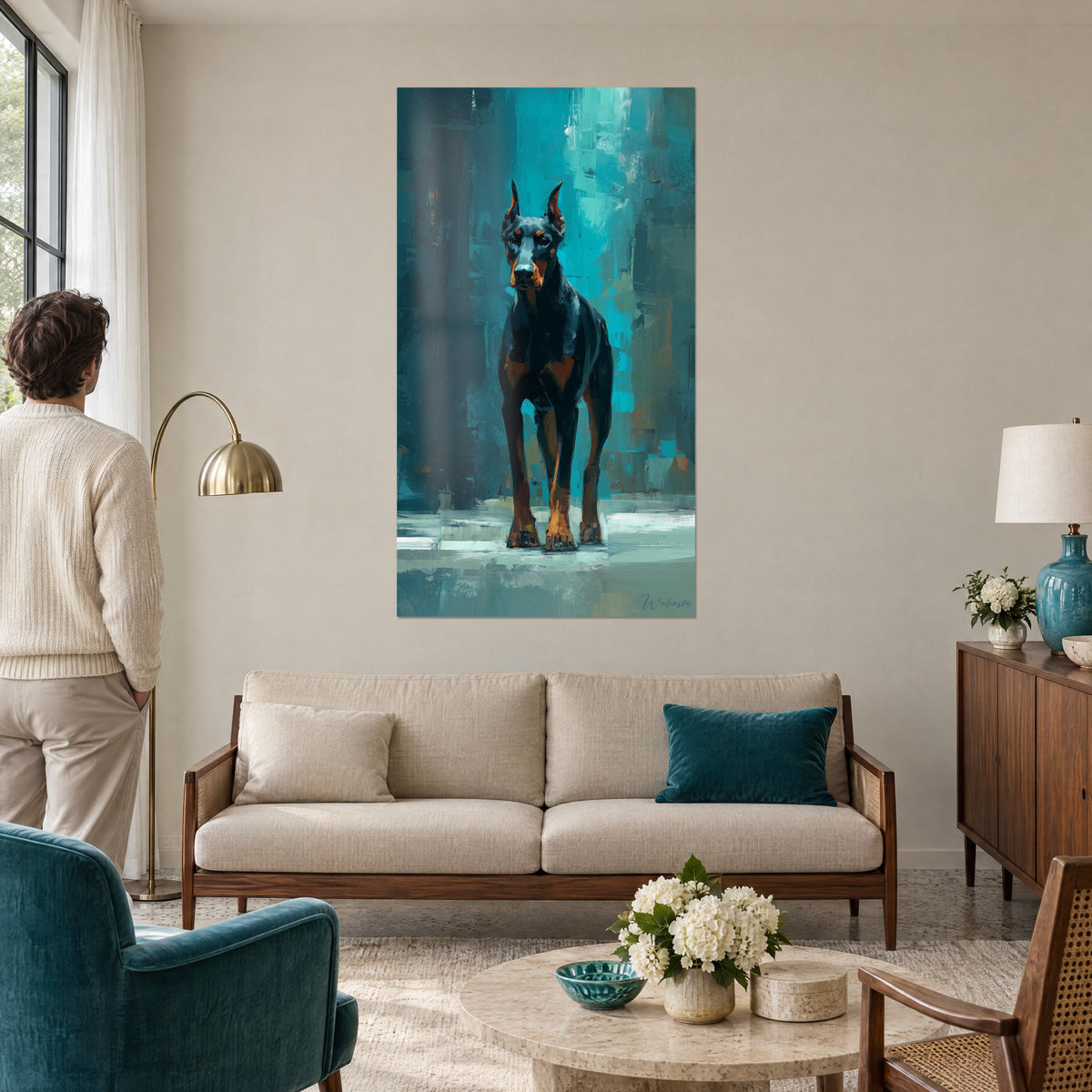 Gemälde Dobermann in Schwarz mit kupferfarbenen Pfoten auf türkisfarbenem Hintergrund, dicker Pinselstrich, über einem Sofa in einem hellen Wohnzimmer