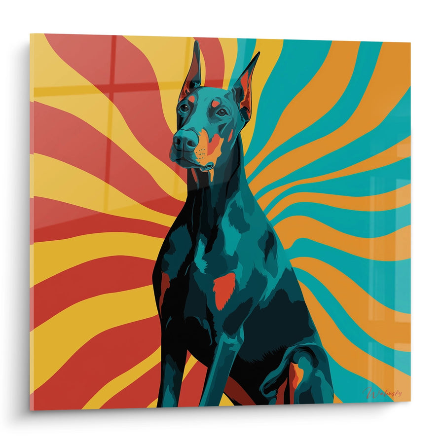 Tableau Doberman Turquoise sur Fond Psychédélique Coloré - Énergie Pop - Edition Doberman