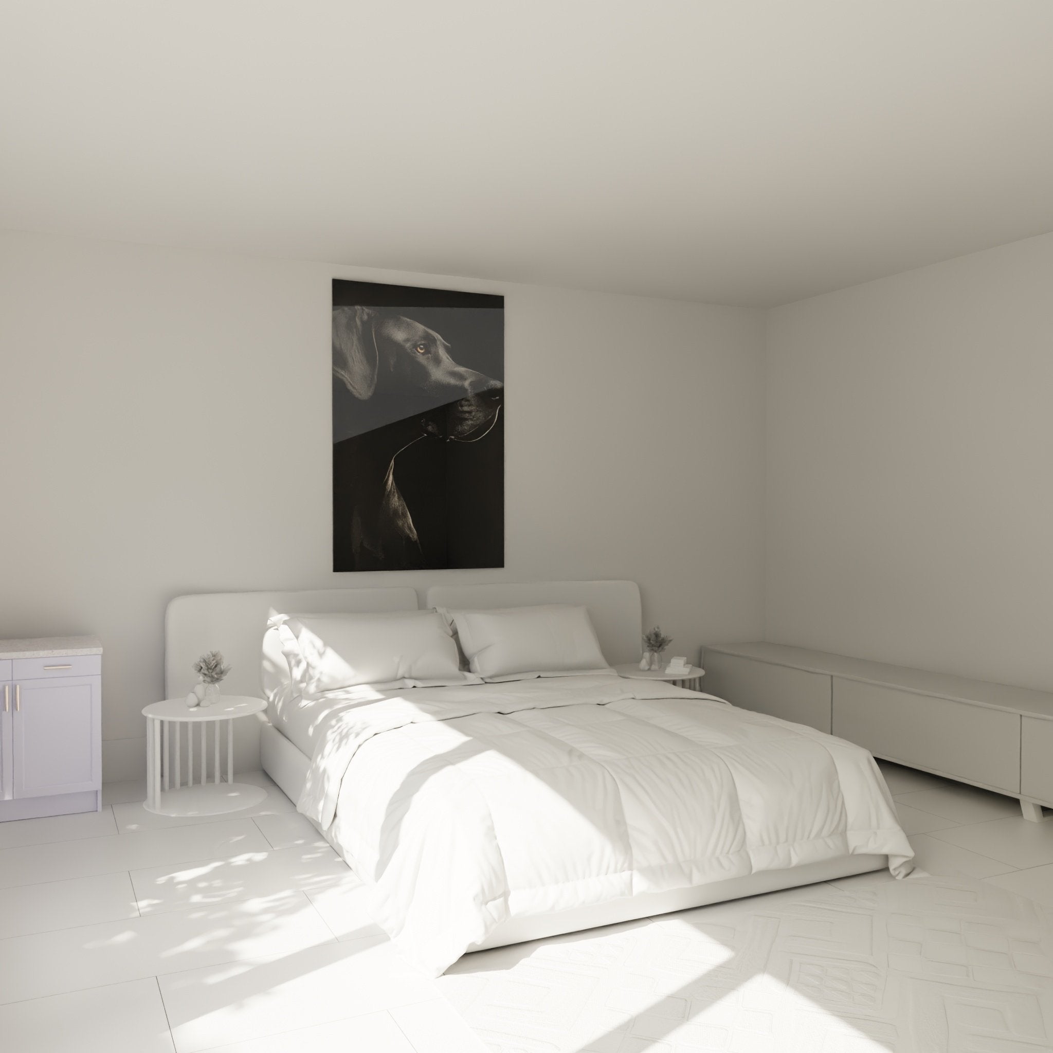 Tableau portrait Dogue Allemand noir blanc accroche au dessus lit moderne, decoration murale elegante chambre contemporaine