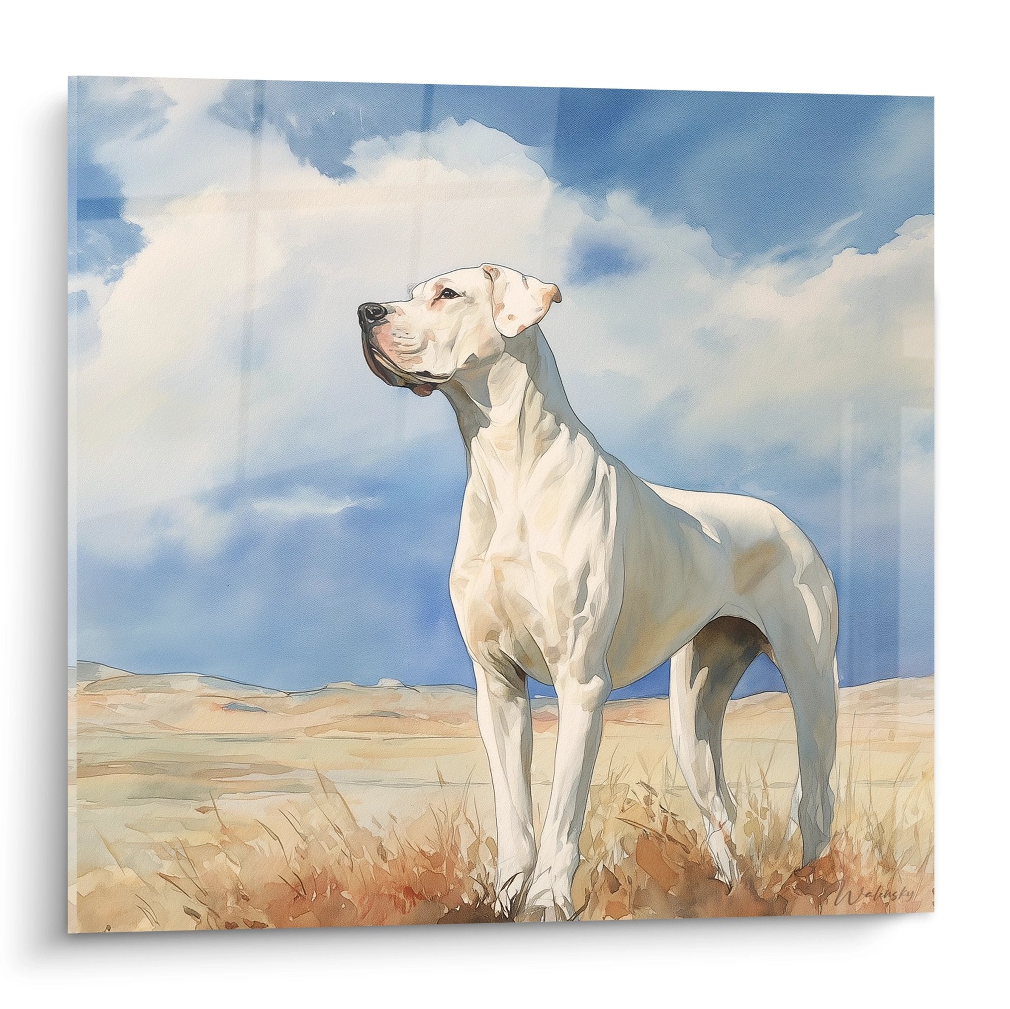 Dogue Argentin blanc dans prairie dorée sous ciel nuageux, posture contemplative et majestueuse