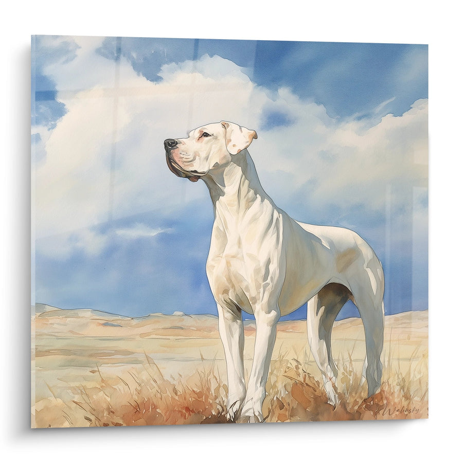 Tableau Dogue Argentin Blanc dans la Prairie - Regard vers l'Infini - Edition Dogue Argentin