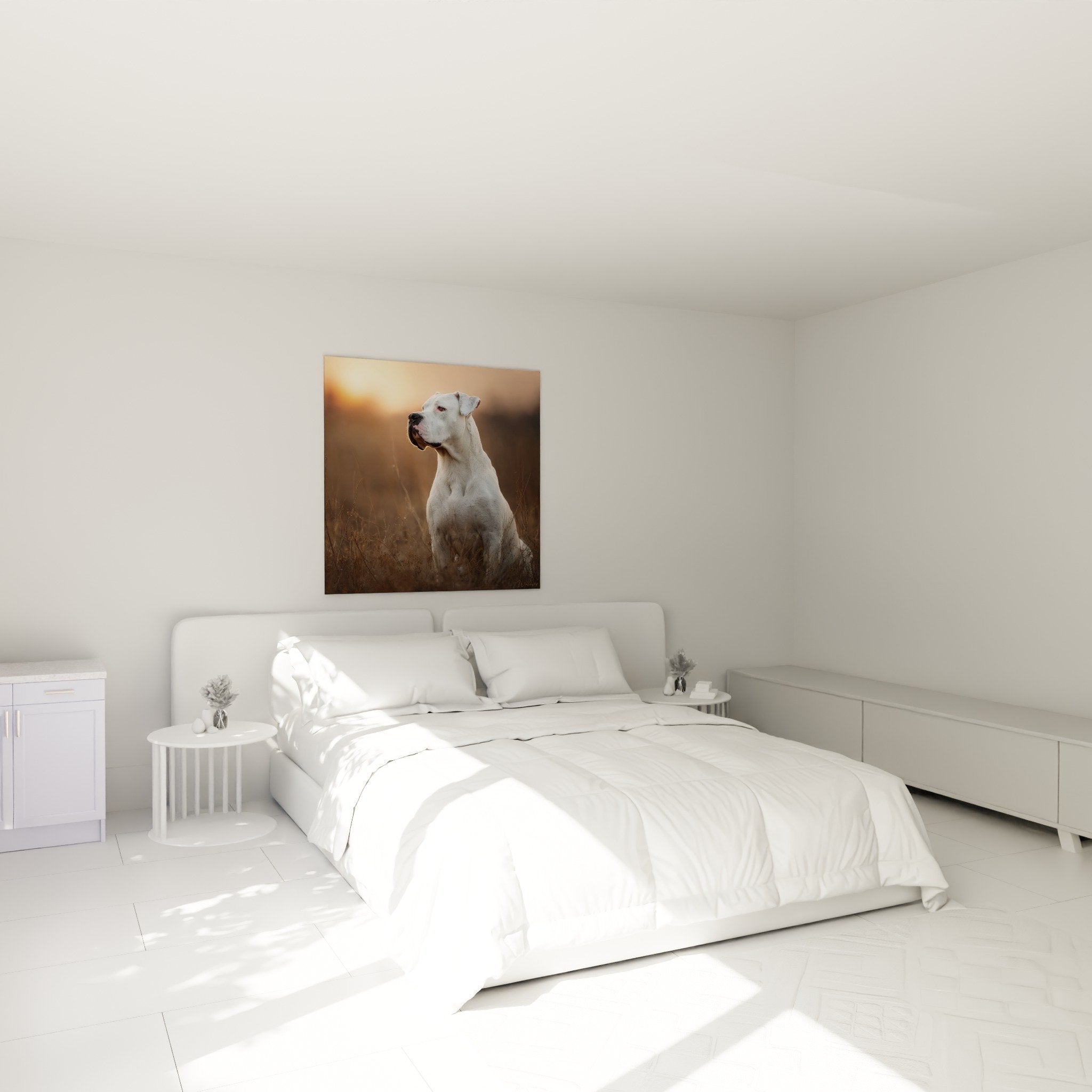 Dogue argentin portrait blanc decoration chambre ambiance chaleureuse tons dores elegant