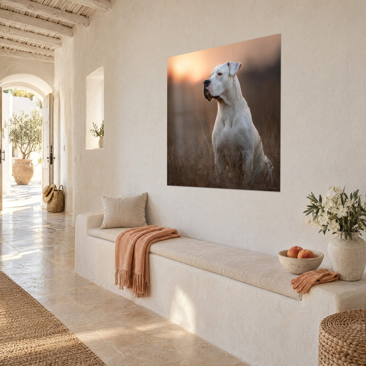 Tableau chien à la robe d'ivoire assis dans les herbes sèches brunes, soleil couchant orangé, en vue de trois-quarts sur un mur crème