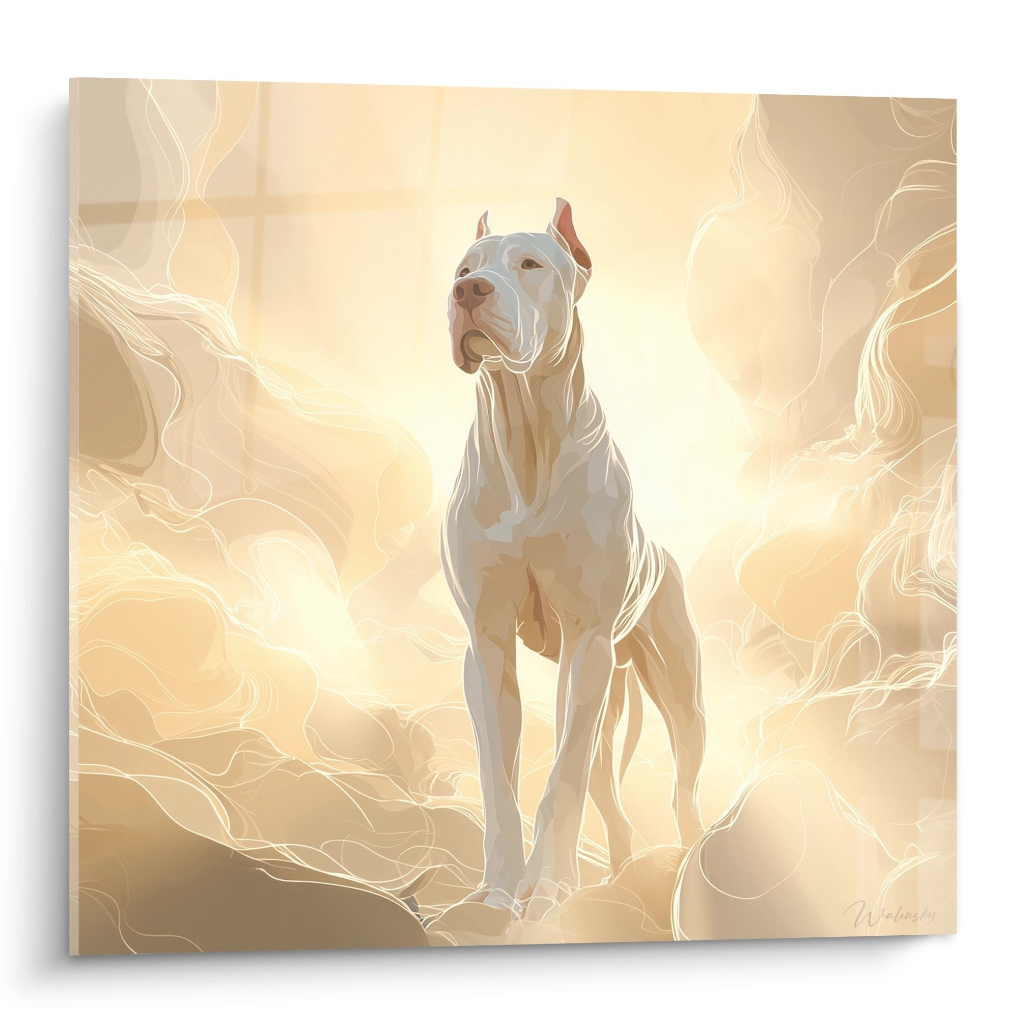 Tableau artistique Dogue Argentin blanc majestueux dans nuages dorés lumineux ambiance céleste