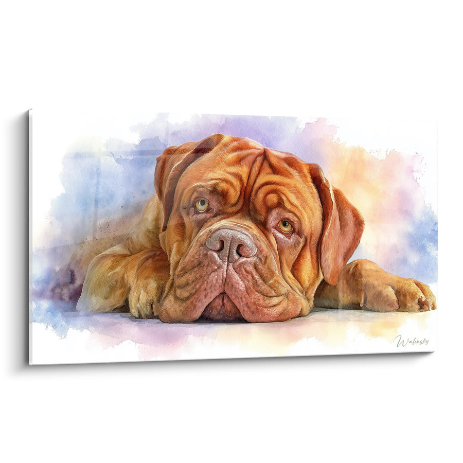 Tableau Dogue de Bordeaux aux Tons Dorés - Portrait Aquarelle Mélancolique - Edition Dogue de Bordeaux