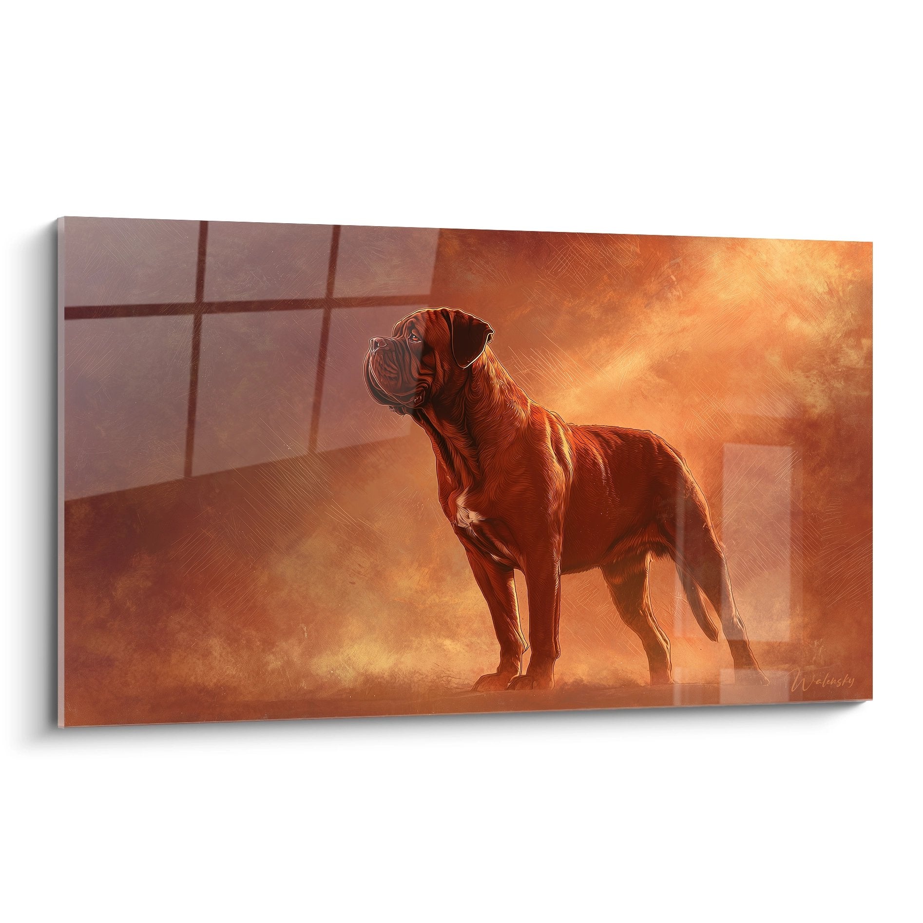 Tableau dogue de bordeaux majestueux baigne de lumiere doree rayons lumineux atmosphere contemplative