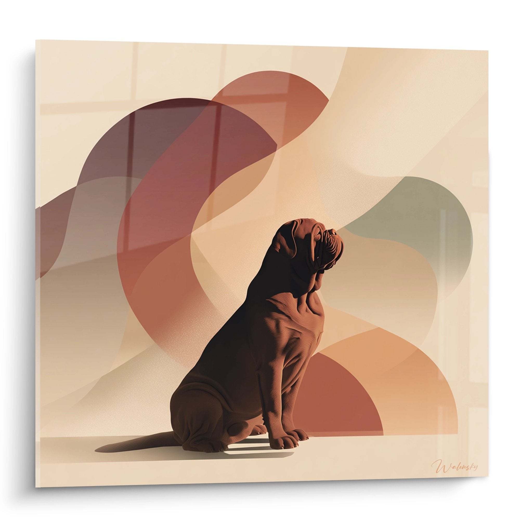 Dogue de Bordeaux en position méditative avec formes géométriques abstraites aux tons terreux et ocre